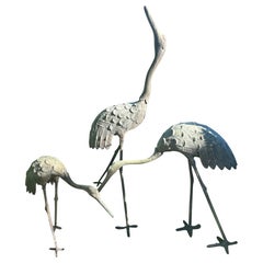Ensemble japonais de trois grandes grues à crête rouge en bronze ancien, complet