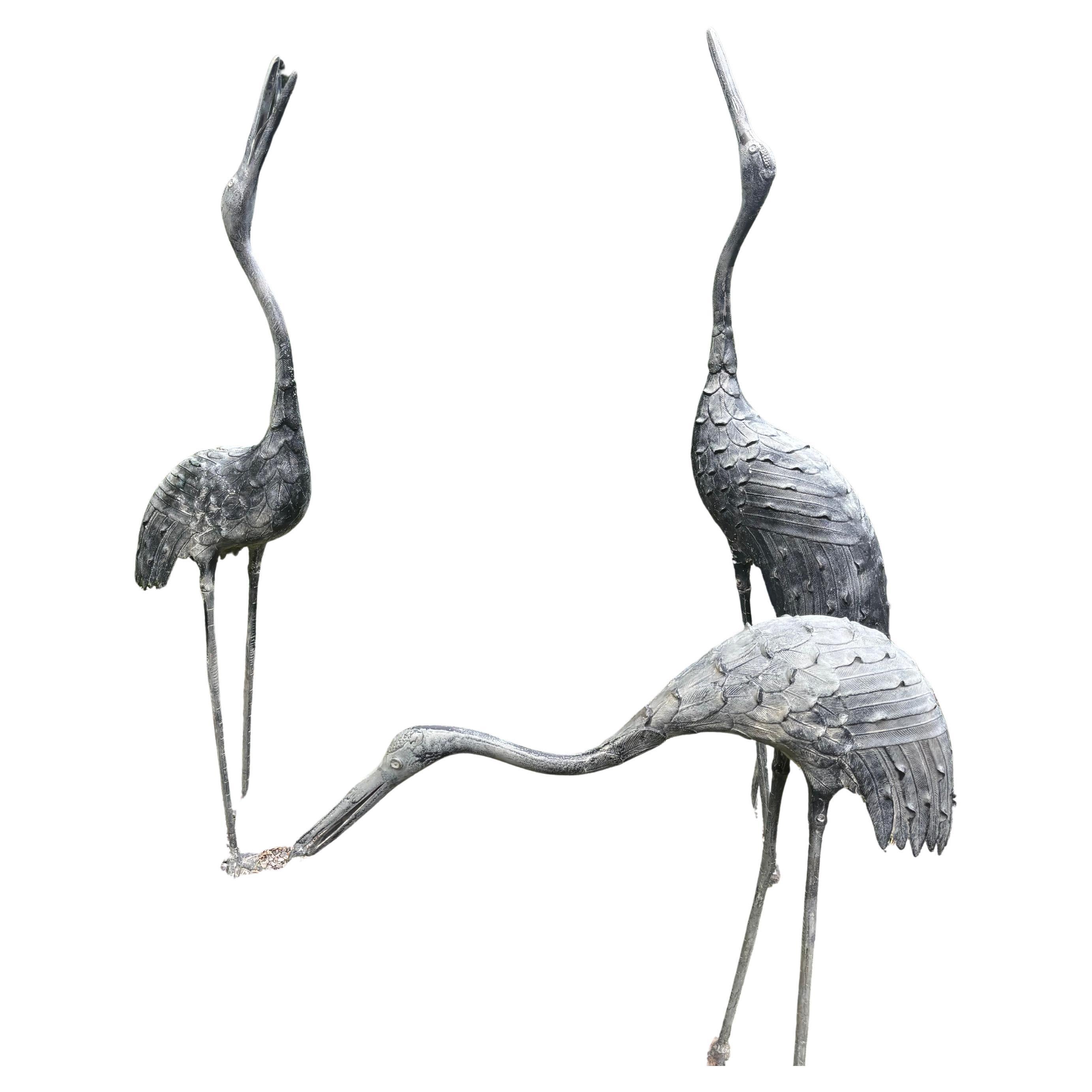 Japanese Set Three Large Antique Bronze Red Crested Cranes, Complete For Sale