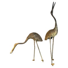 Japanese Set Two Antique Large And Bronze Red Crested Garden Cranes Japanese Set Two Antique Large And Bronze Red Crested Garden Cranes