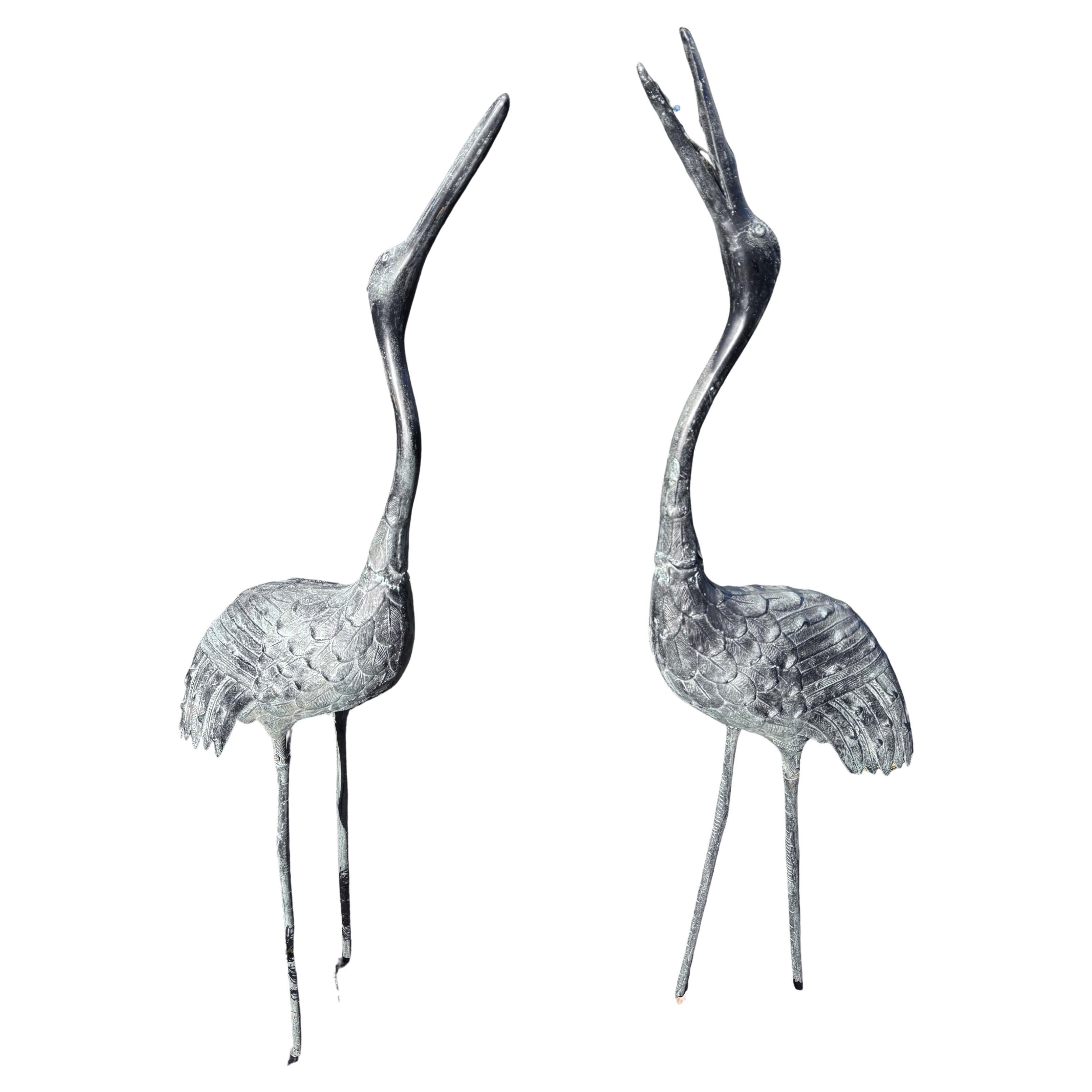 Japanese Set Two Antique Large And Elegant Bronze Red Crested Garden Cranes