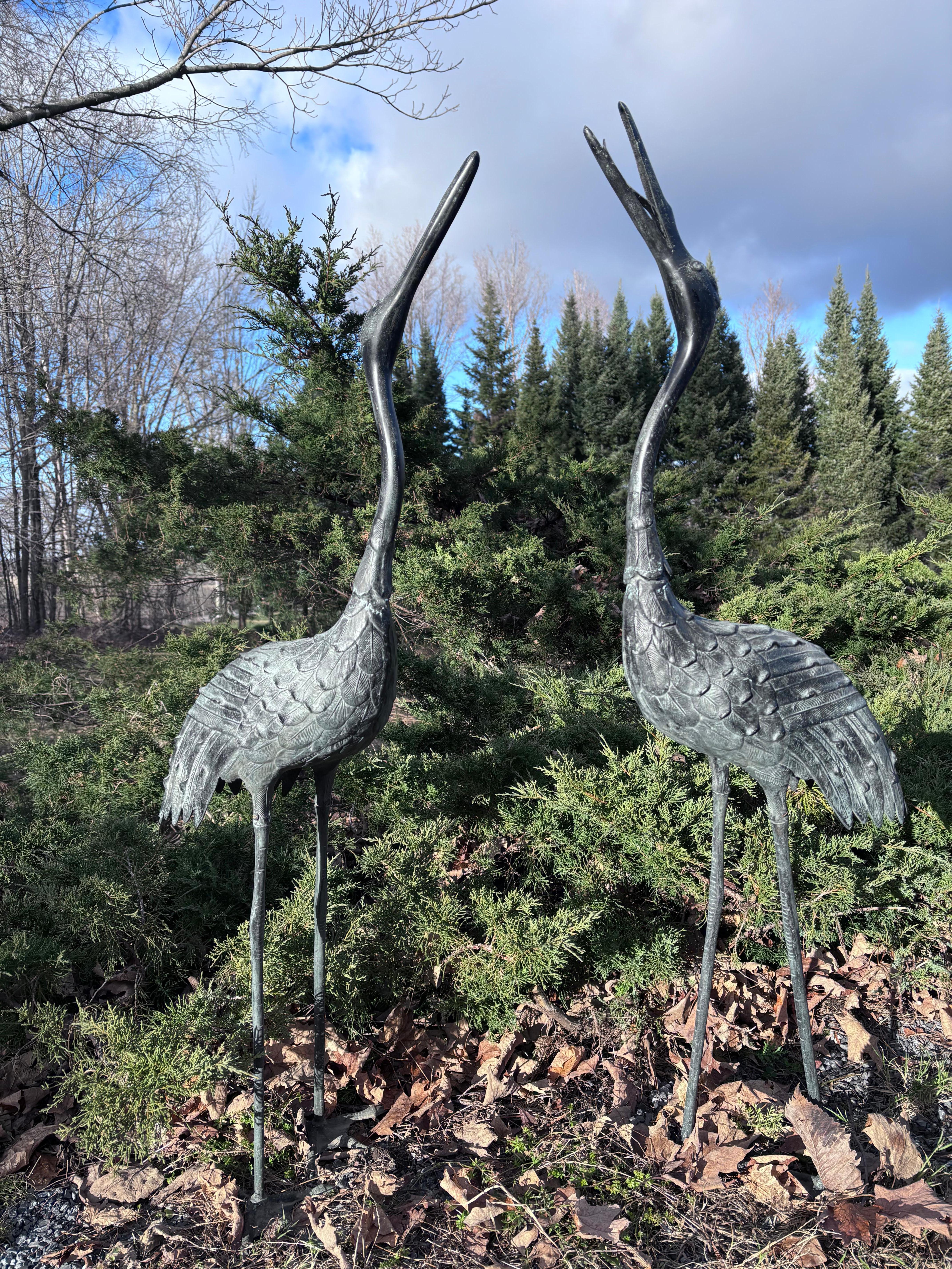 Taisho Japanese Set Two Antique Large And Elegant Bronze Red Crested Garden Cranes