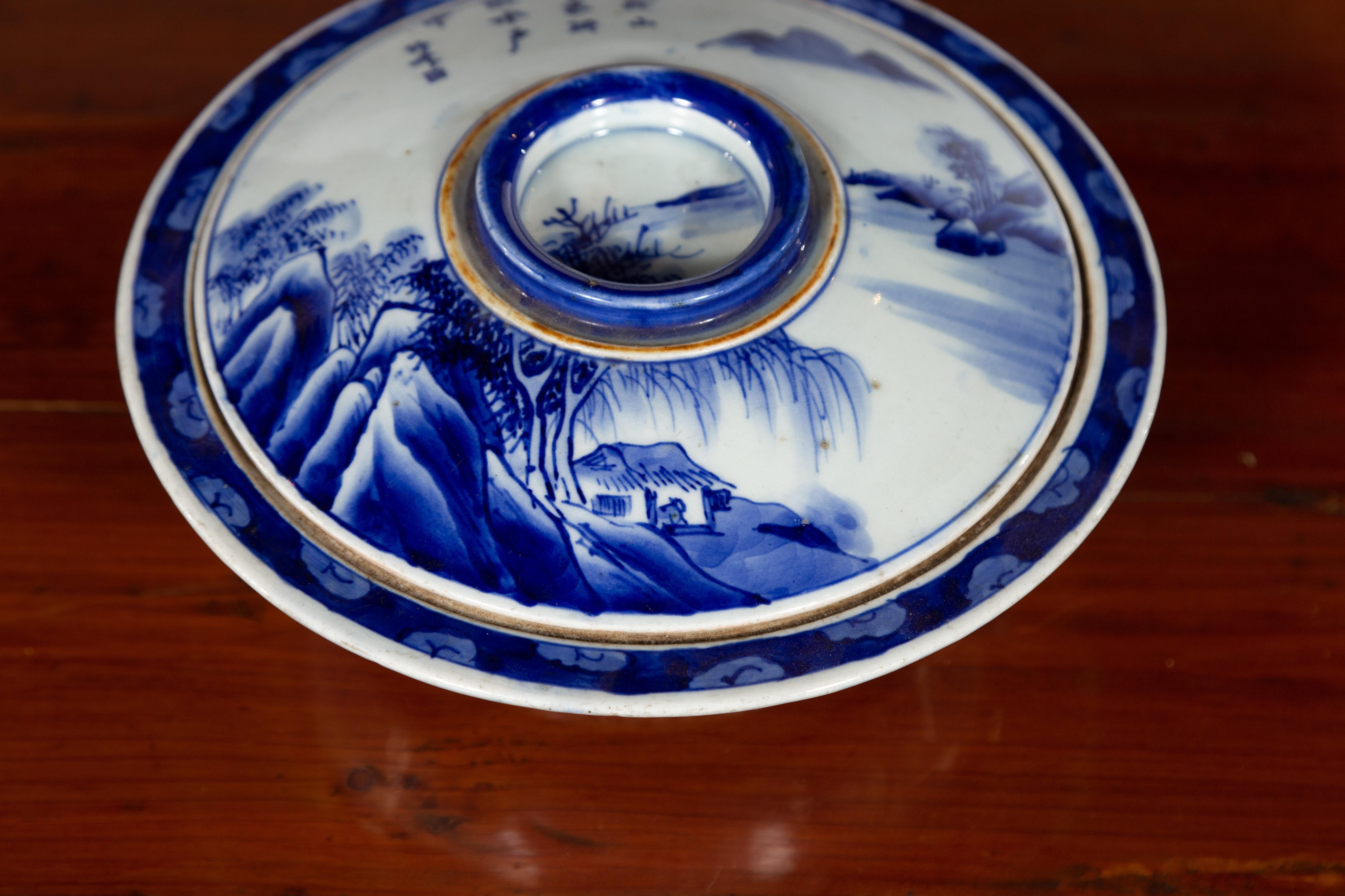 Japanese Seto Porcelain Vegetable Bowl with Hand-Painted Blue and White Décor For Sale 7
