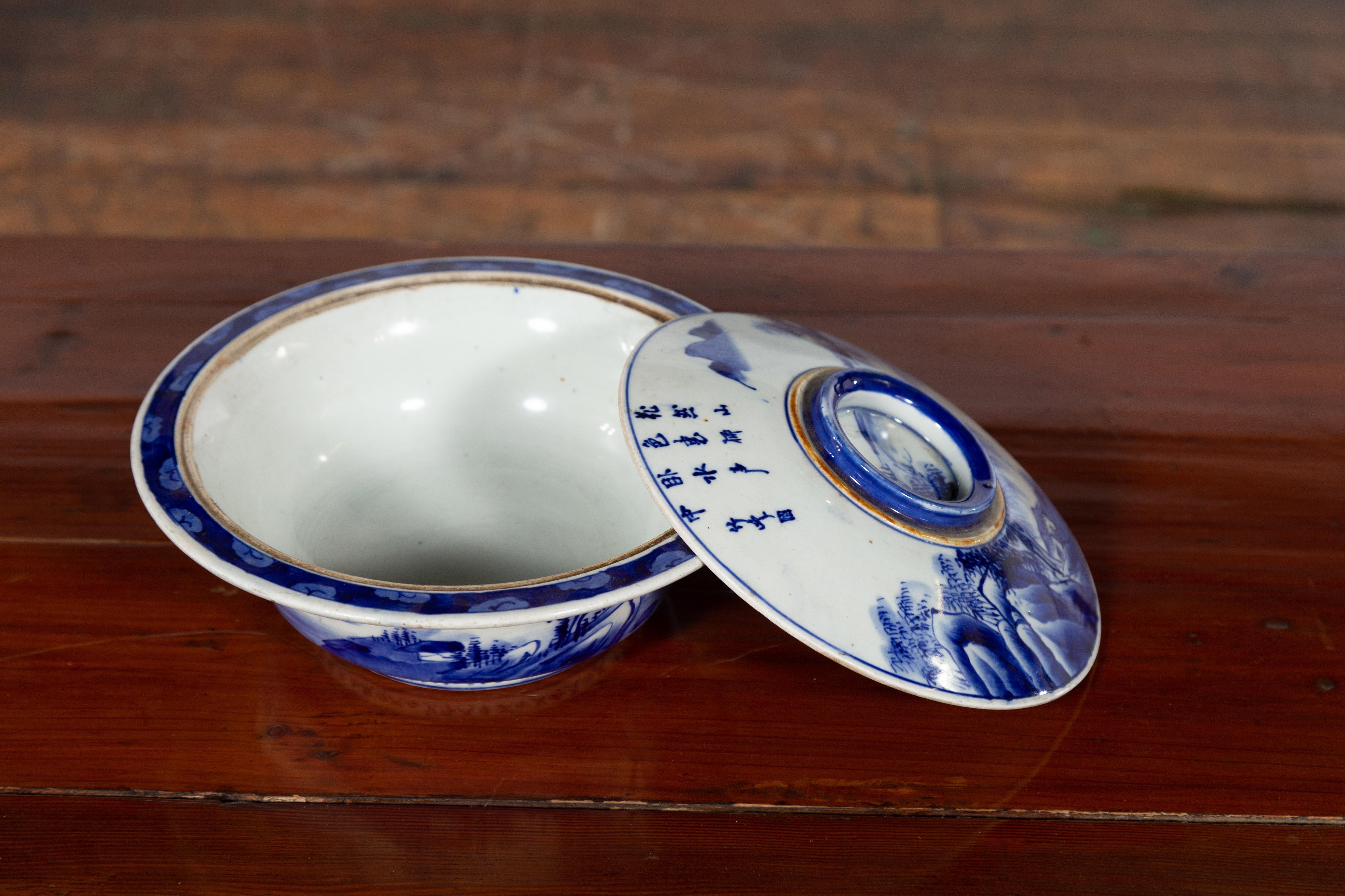 Japanese Seto Porcelain Vegetable Bowl with Hand-Painted Blue and White Décor For Sale 8