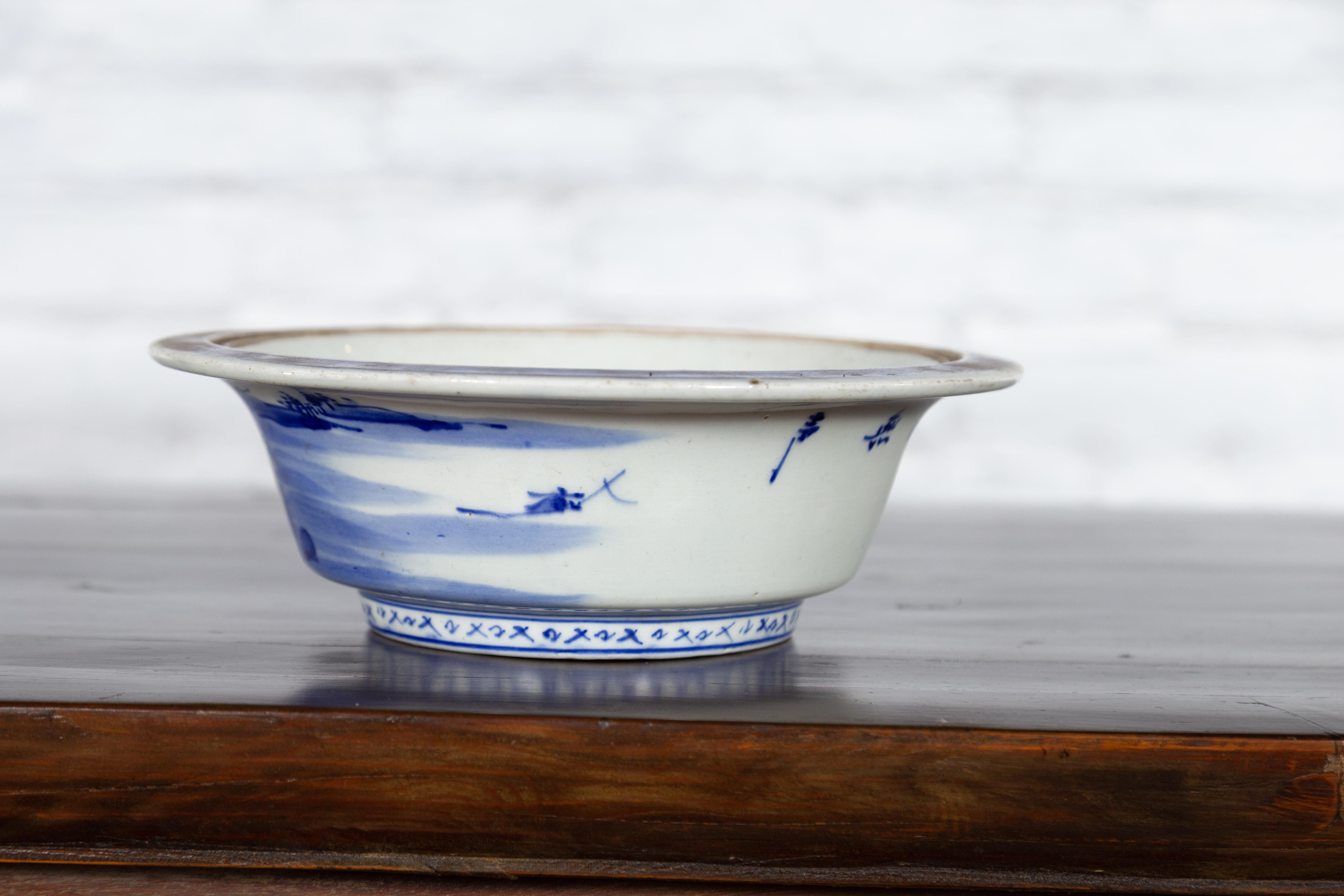 Japanese Seto Porcelain Vegetable Bowl with Hand-Painted Blue and White Décor For Sale 9
