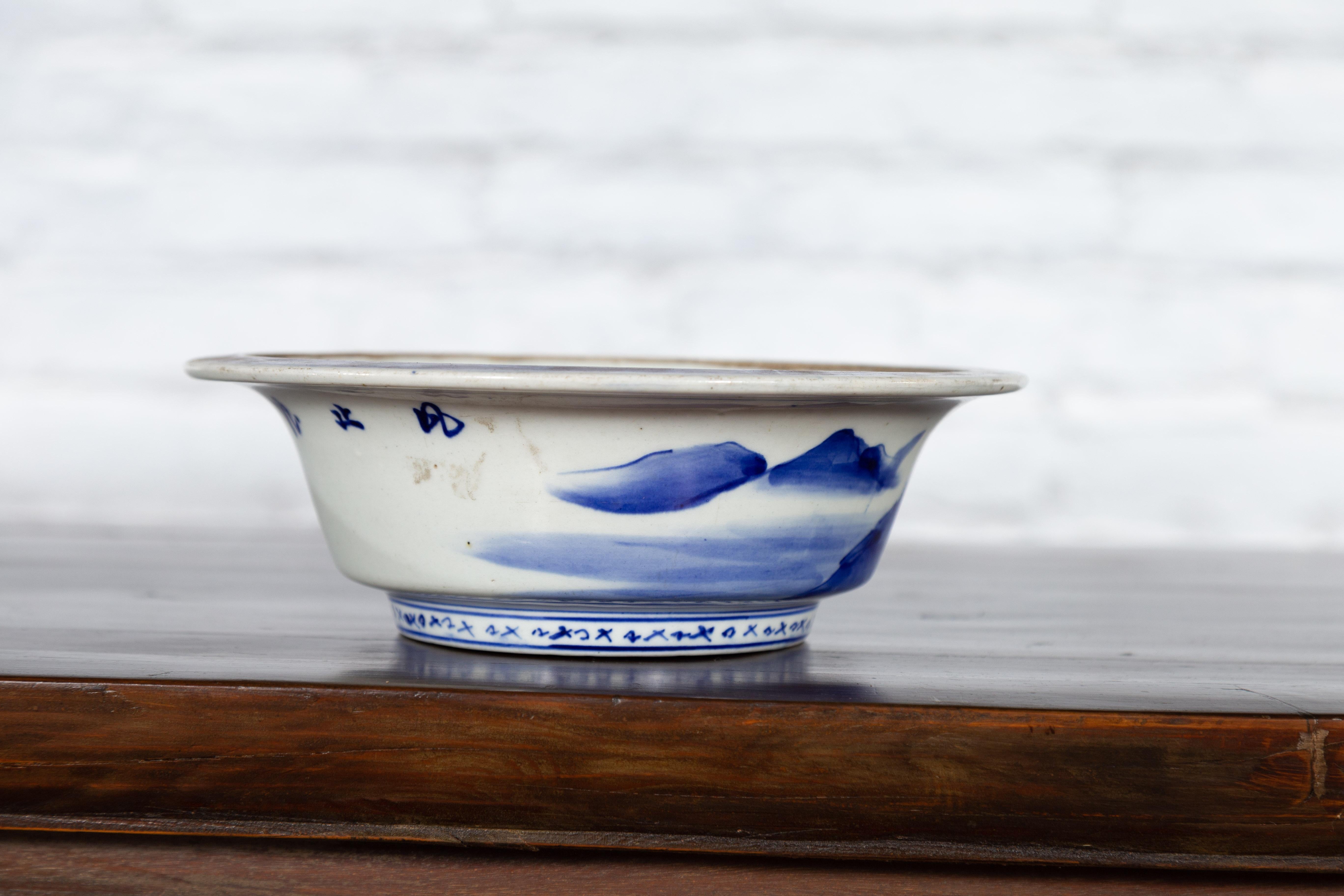 Japanese Seto Porcelain Vegetable Bowl with Hand-Painted Blue and White Décor For Sale 11