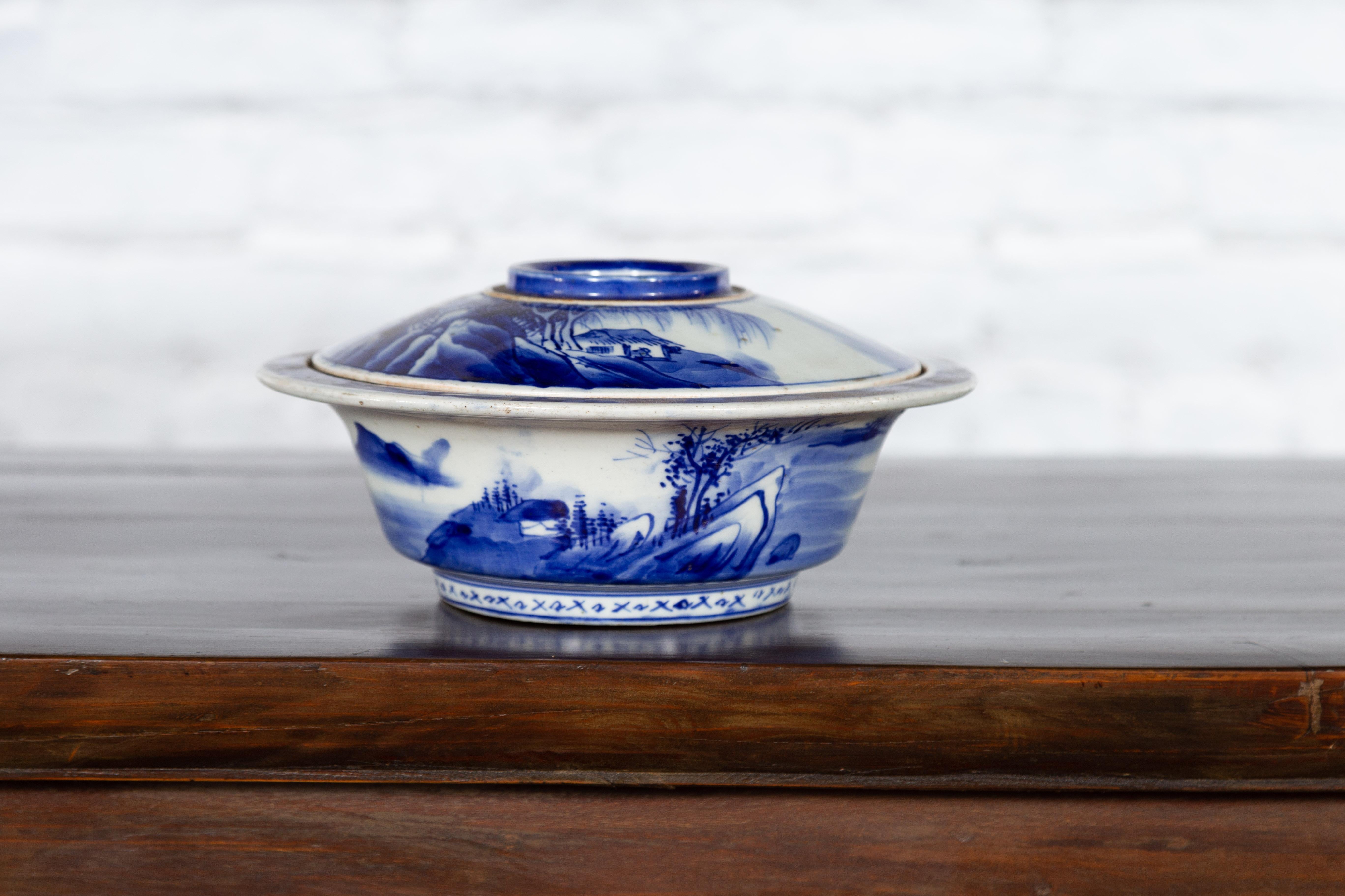 Japanese Seto Porcelain Vegetable Bowl with Hand-Painted Blue and White Décor For Sale 12
