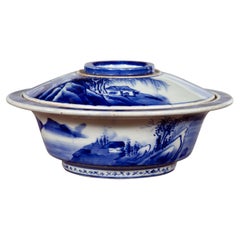 Japanese Seto Porcelain Vegetable Bowl with Hand-Painted Blue and White Décor