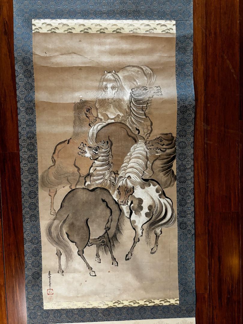 Showa Japanese Seven Horses Stunning Hand Painted Scroll For Sale