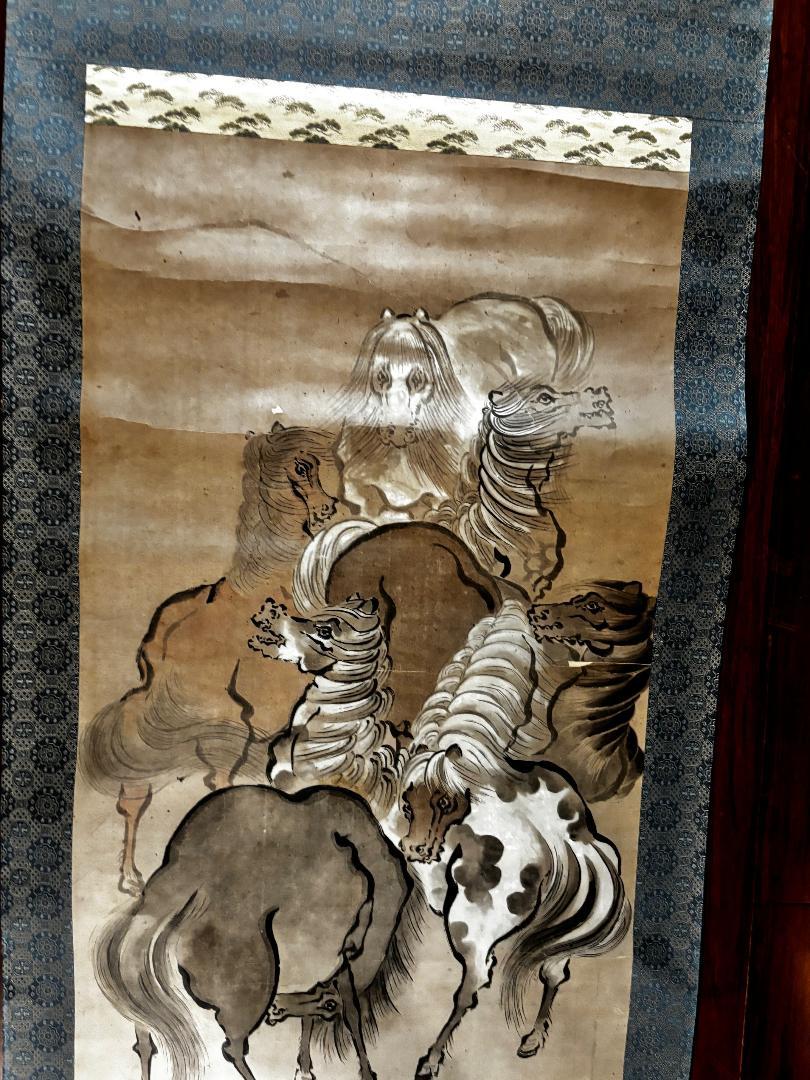 Hand-Painted Japanese Seven Horses Stunning Hand Painted Scroll For Sale
