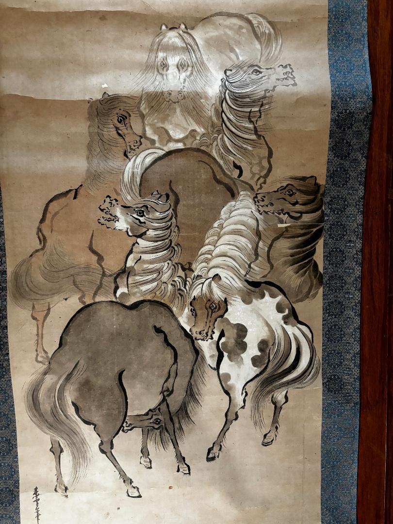 Japanese Seven Horses Stunning Hand Painted Scroll In Good Condition For Sale In South Burlington, VT