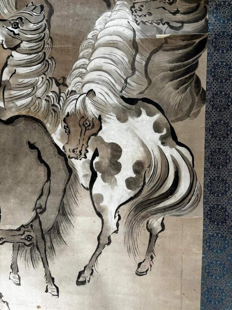 Paper Japanese Seven Horses Stunning Hand Painted Scroll For Sale