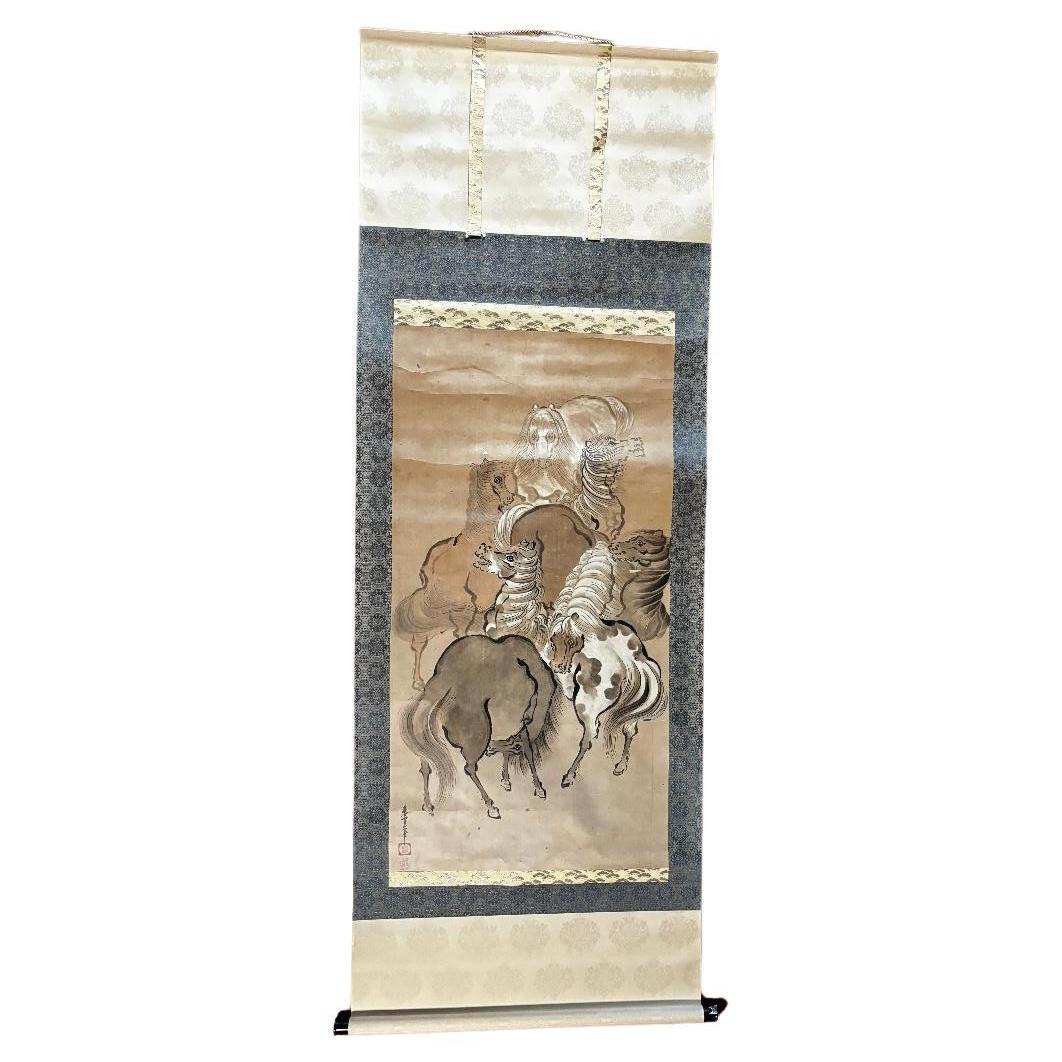 Japanese Seven Horses Stunning Hand Painted Scroll For Sale