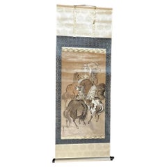Used Japanese Seven Horses Stunning Hand Painted Scroll