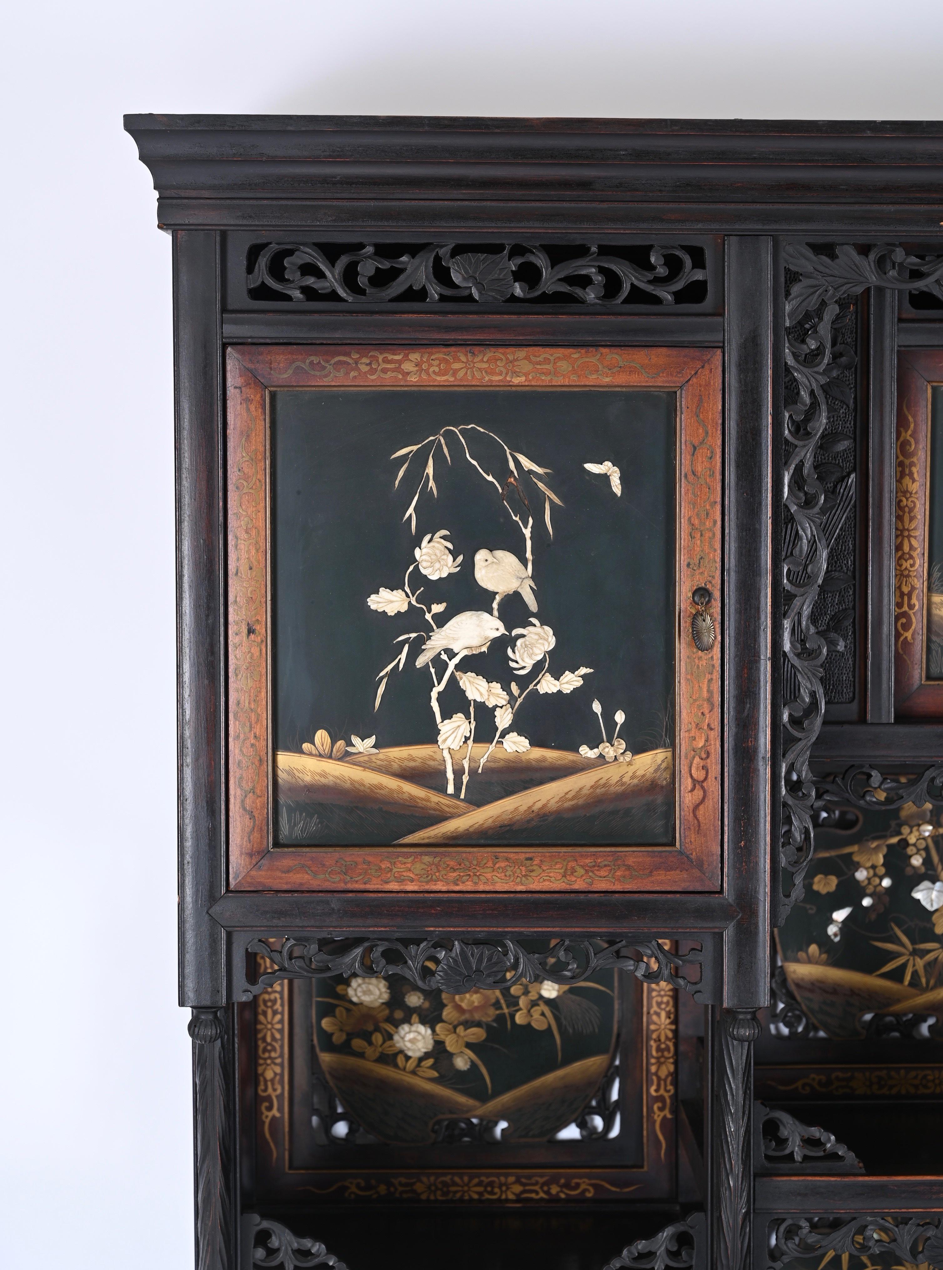 Japanese Shibayama Cabinet, Carved and Black Lacquered, Meiji Period, 1870s For Sale 4