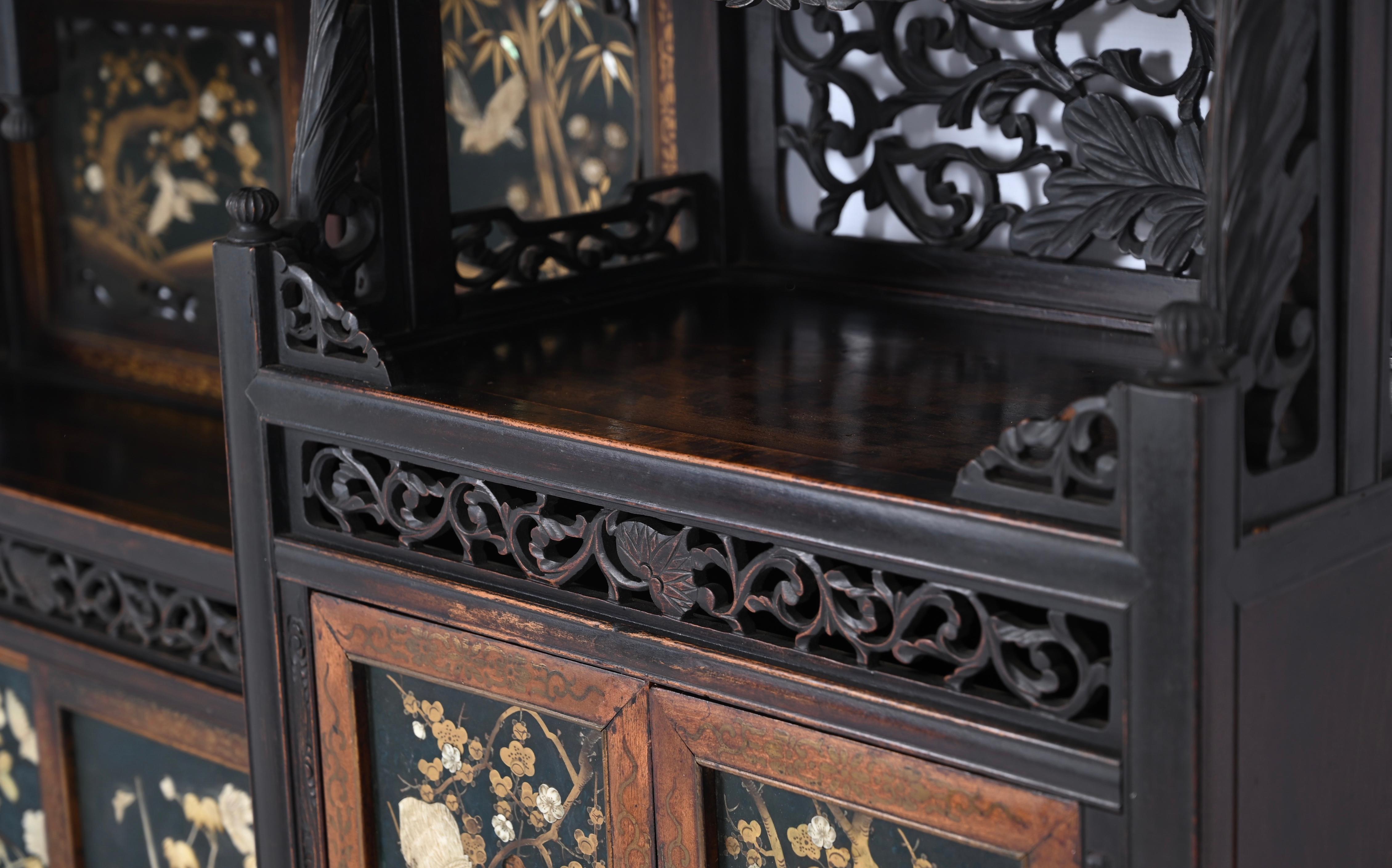 Japanese Shibayama Cabinet, Carved and Black Lacquered, Meiji Period, 1870s For Sale 5