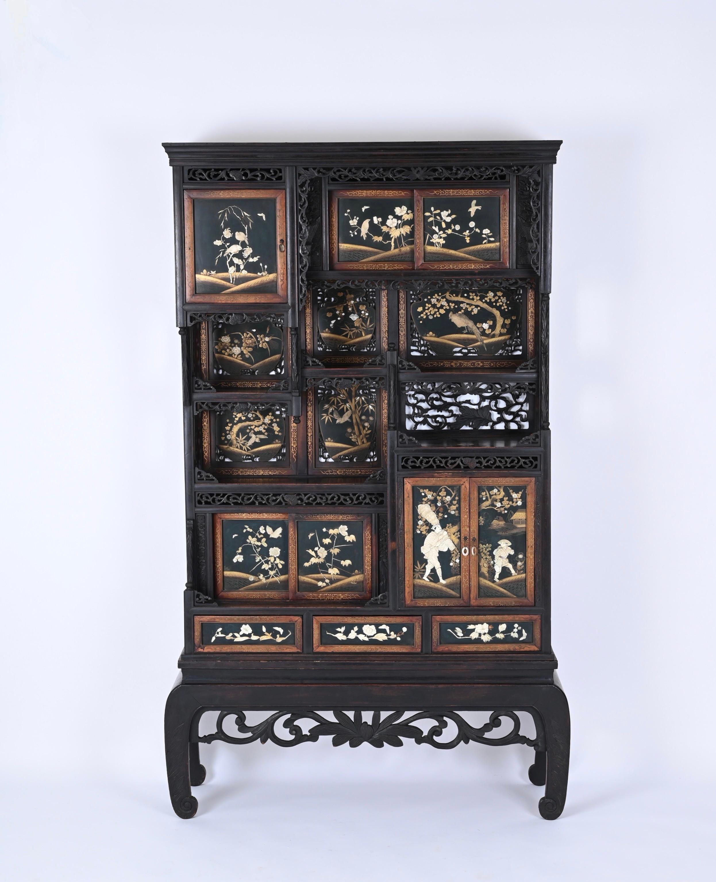 Japanese Shibayama Cabinet, Carved and Black Lacquered, Meiji Period, 1870s For Sale 6