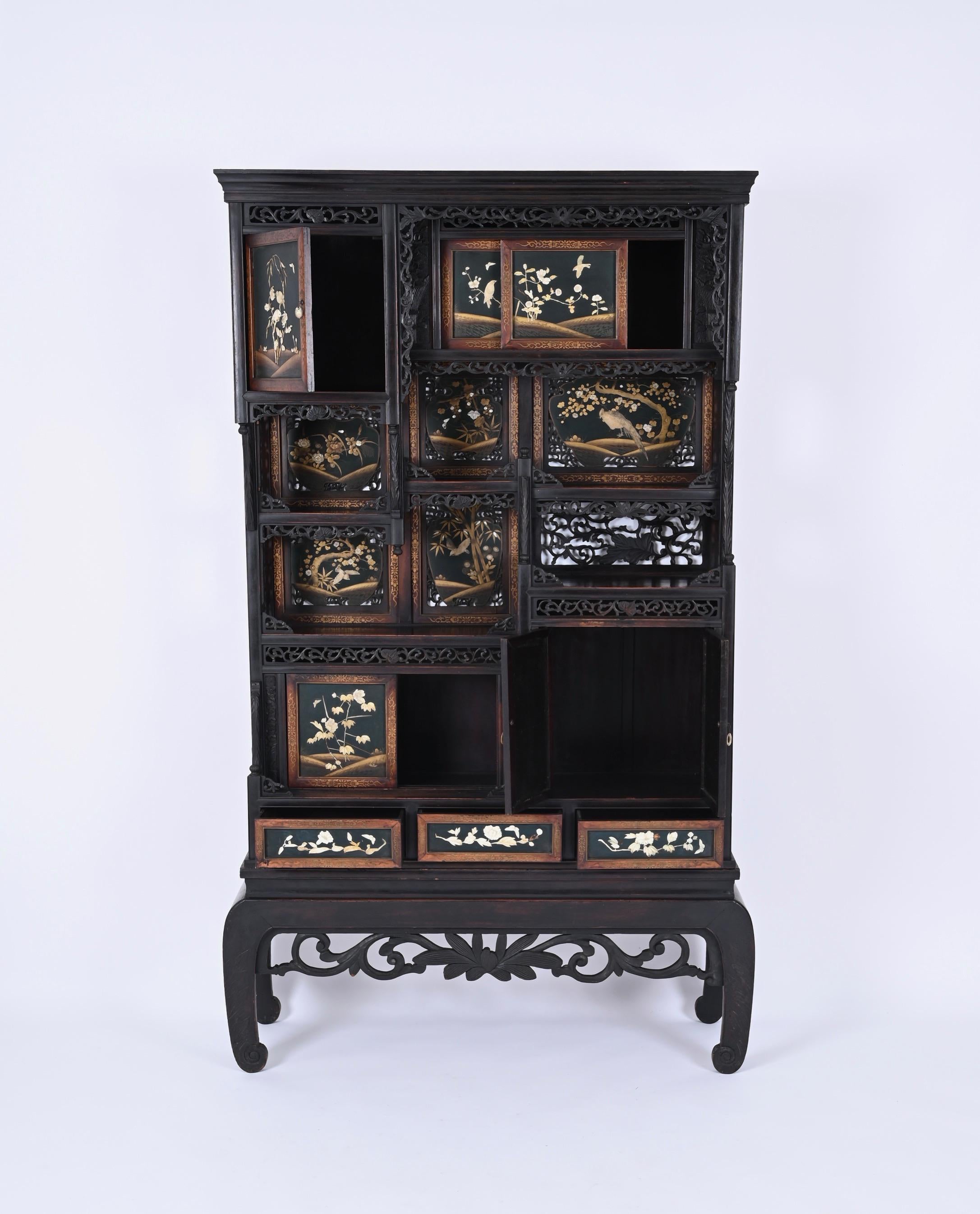 Japanese Shibayama Cabinet, Carved and Black Lacquered, Meiji Period, 1870s For Sale 7