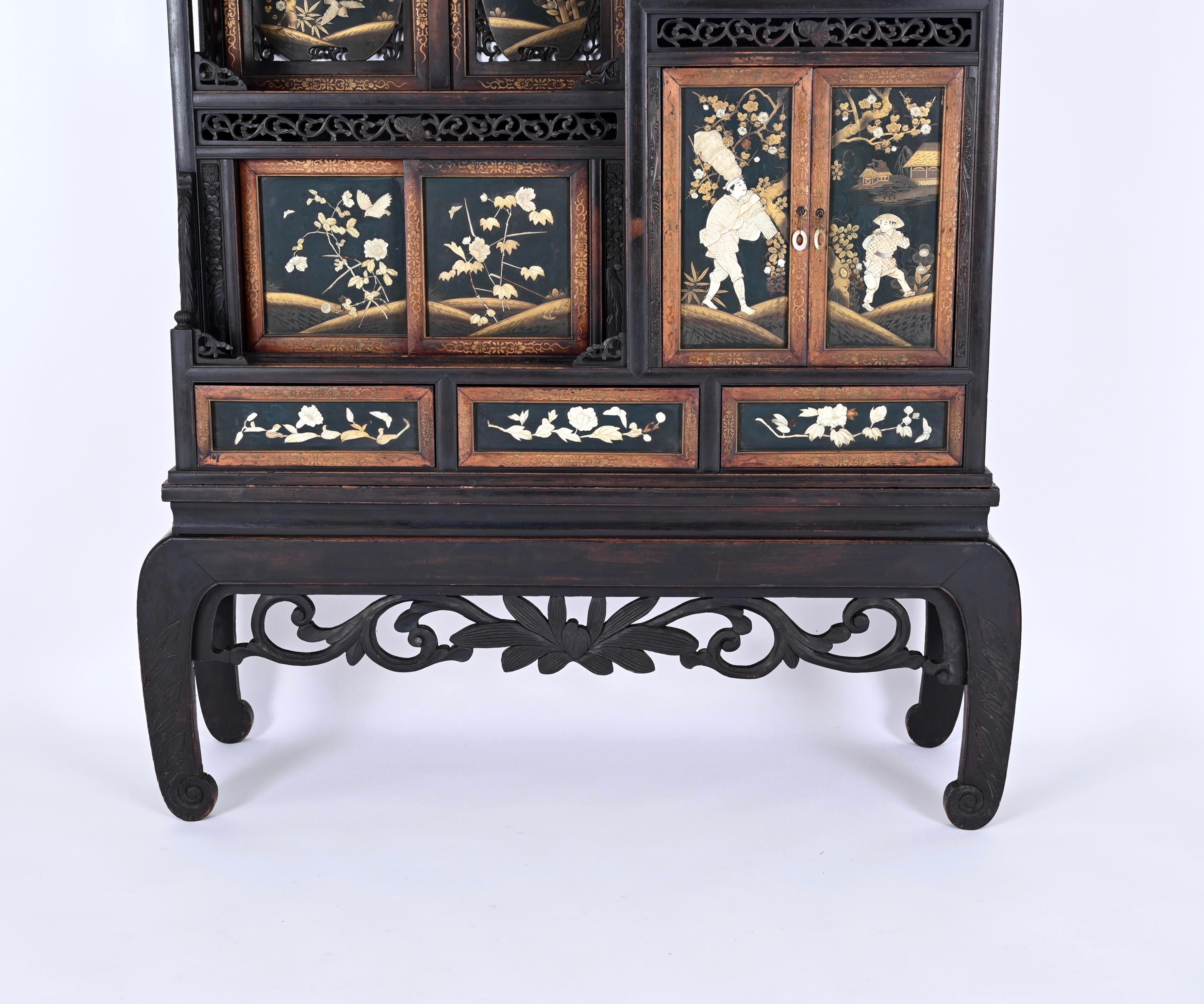 Japanese Shibayama Cabinet, Carved and Black Lacquered, Meiji Period, 1870s For Sale 8