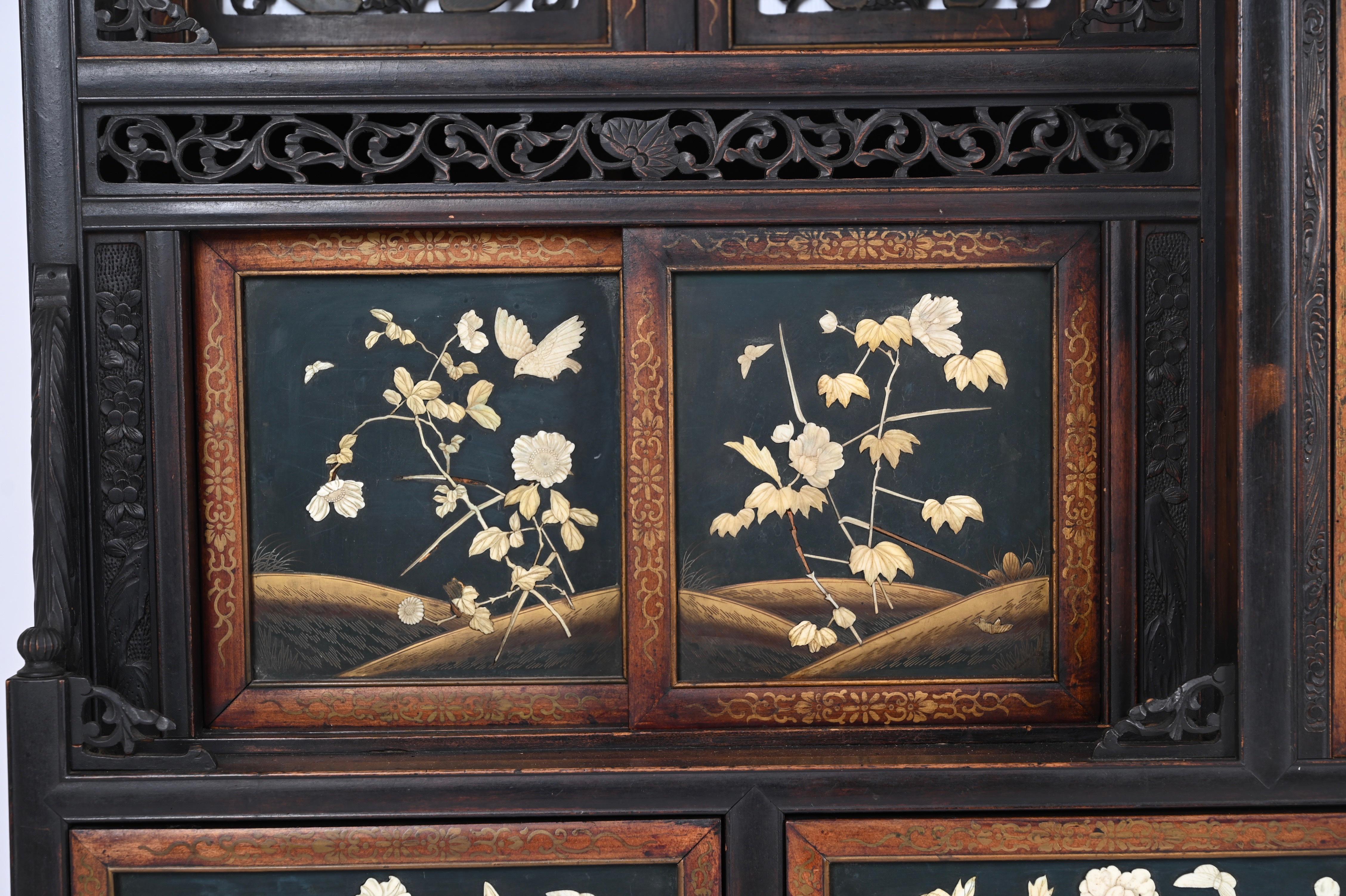 Japanese Shibayama Cabinet, Carved and Black Lacquered, Meiji Period, 1870s 9