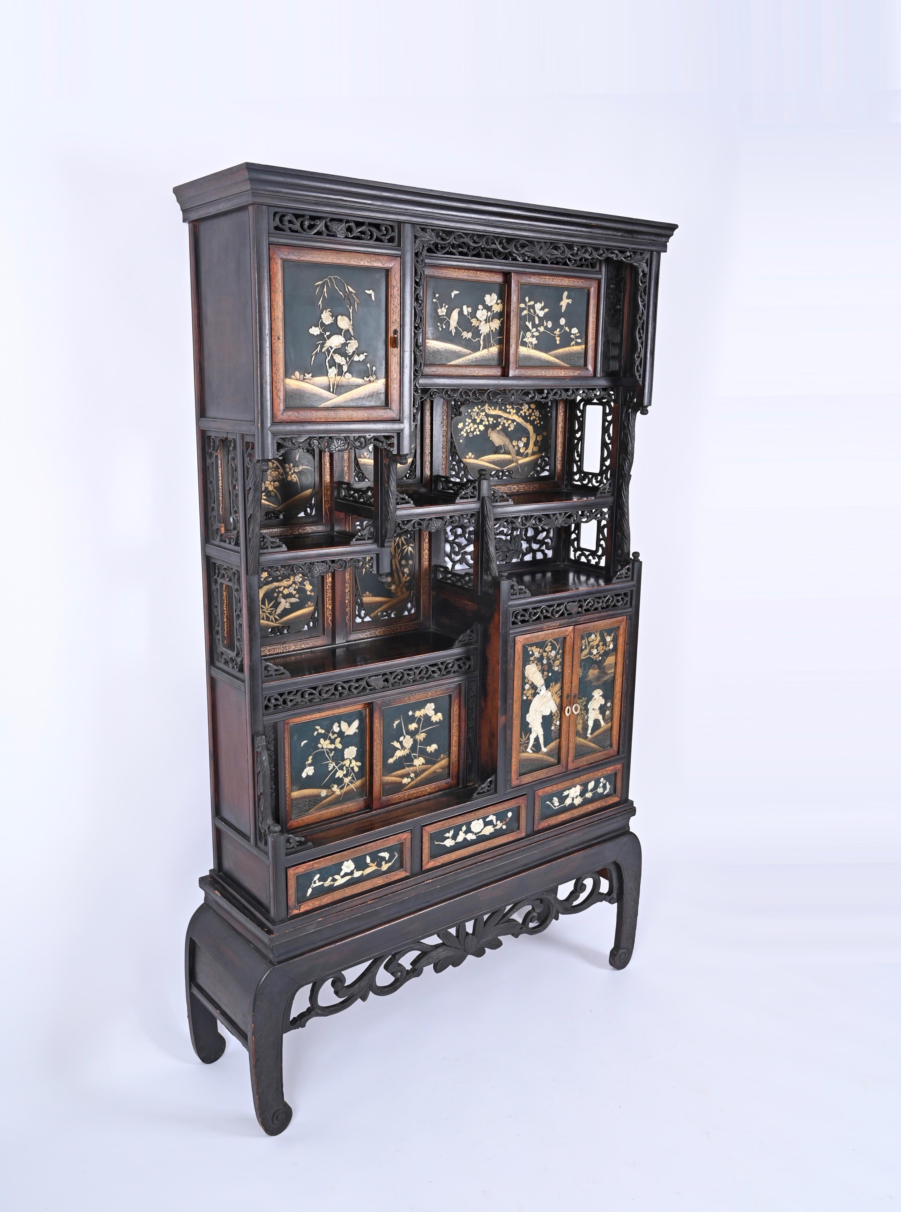 Japanese Shibayama Cabinet, Carved and Black Lacquered, Meiji Period, 1870s For Sale 11