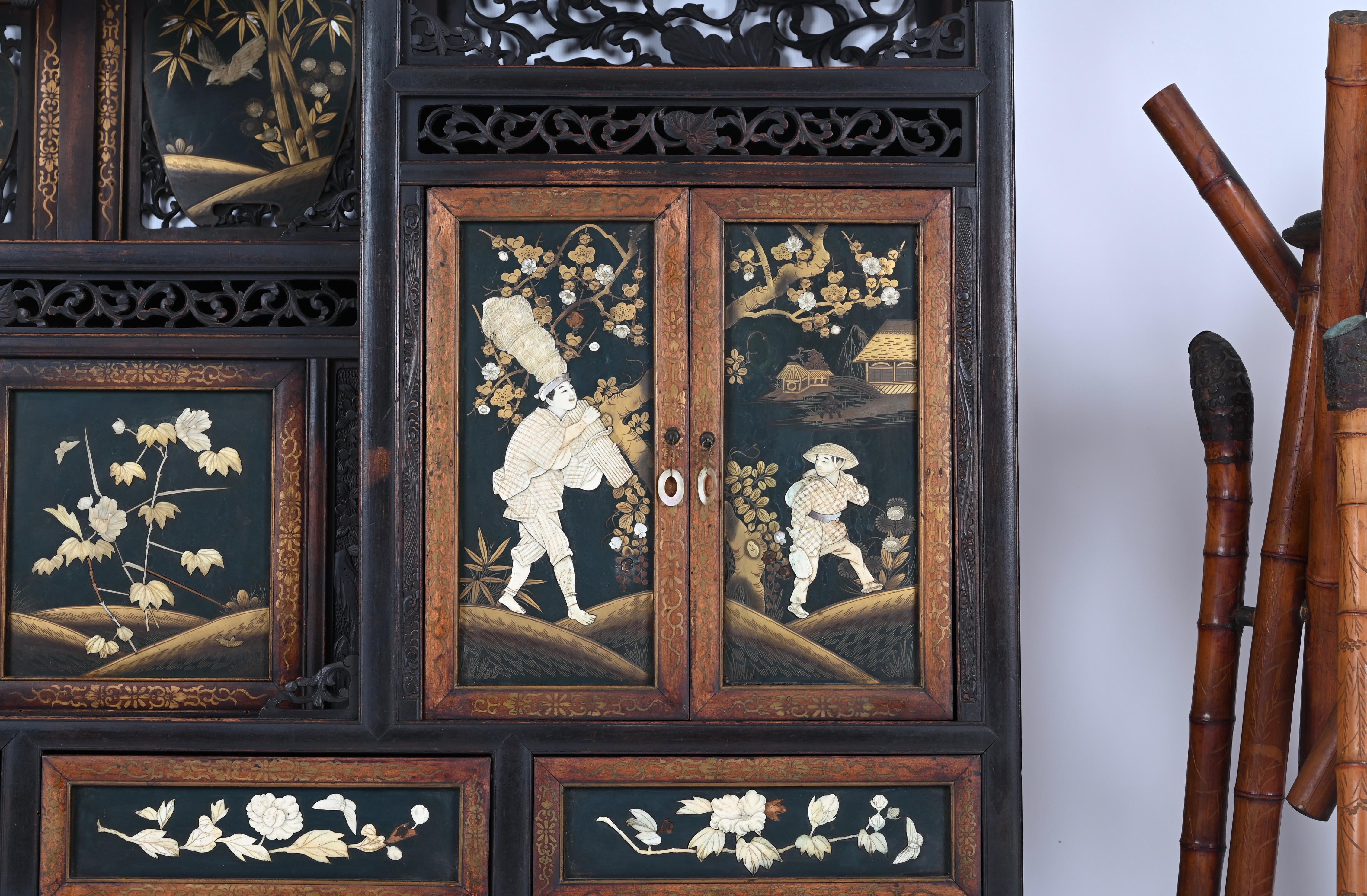 Japanese Shibayama Cabinet, Carved and Black Lacquered, Meiji Period, 1870s For Sale 12