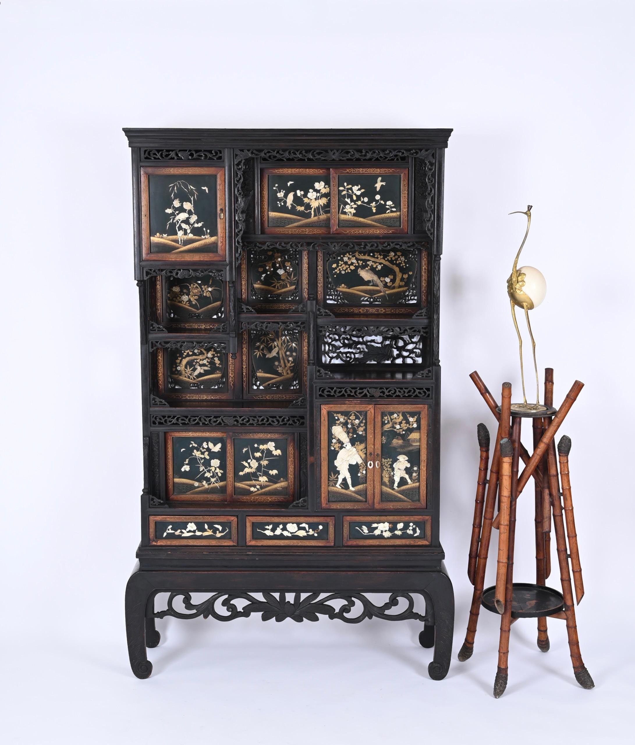 Japanese Shibayama Cabinet, Carved and Black Lacquered, Meiji Period, 1870s For Sale 14