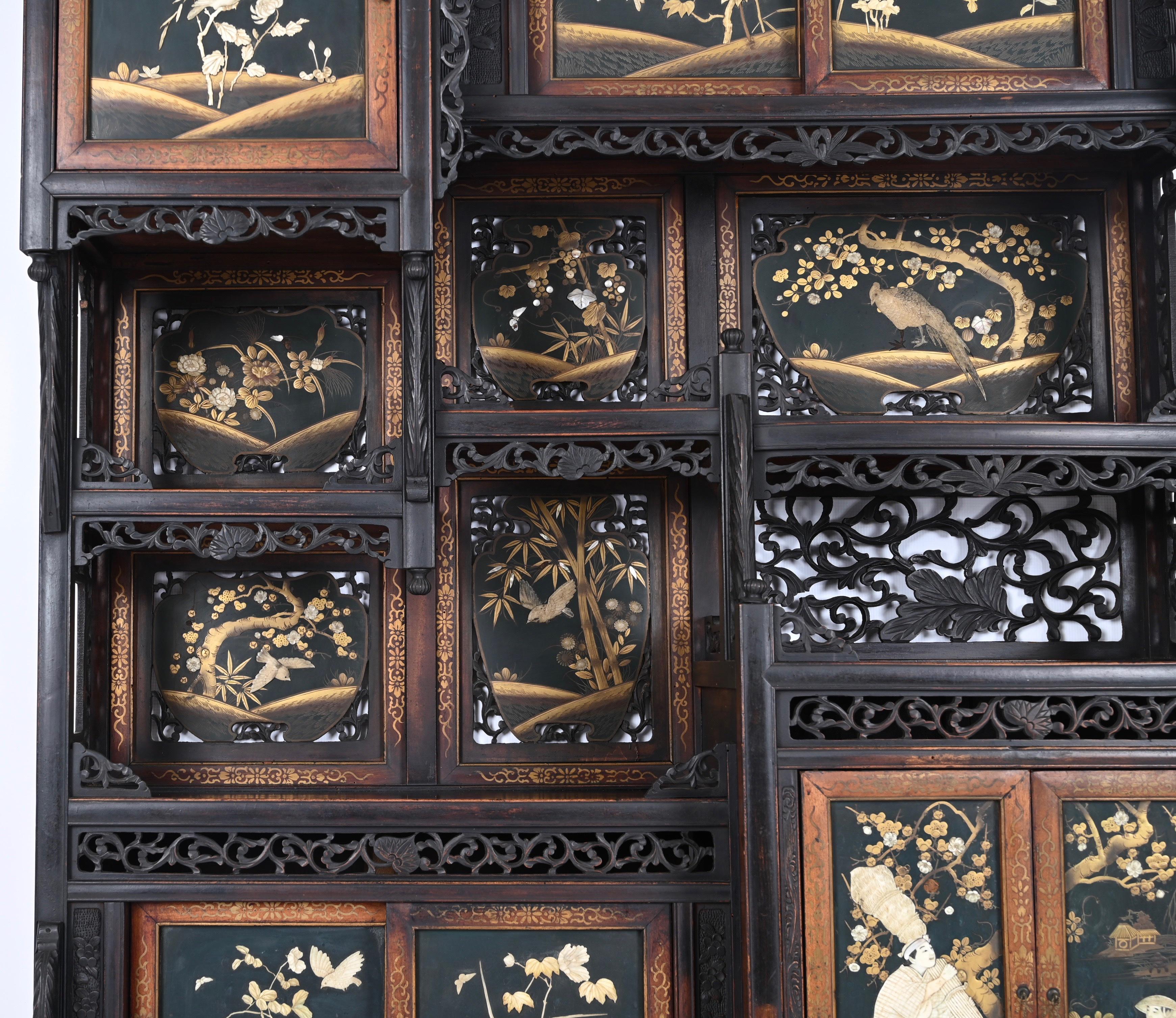 Hand-Carved Japanese Shibayama Cabinet, Carved and Black Lacquered, Meiji Period, 1870s For Sale