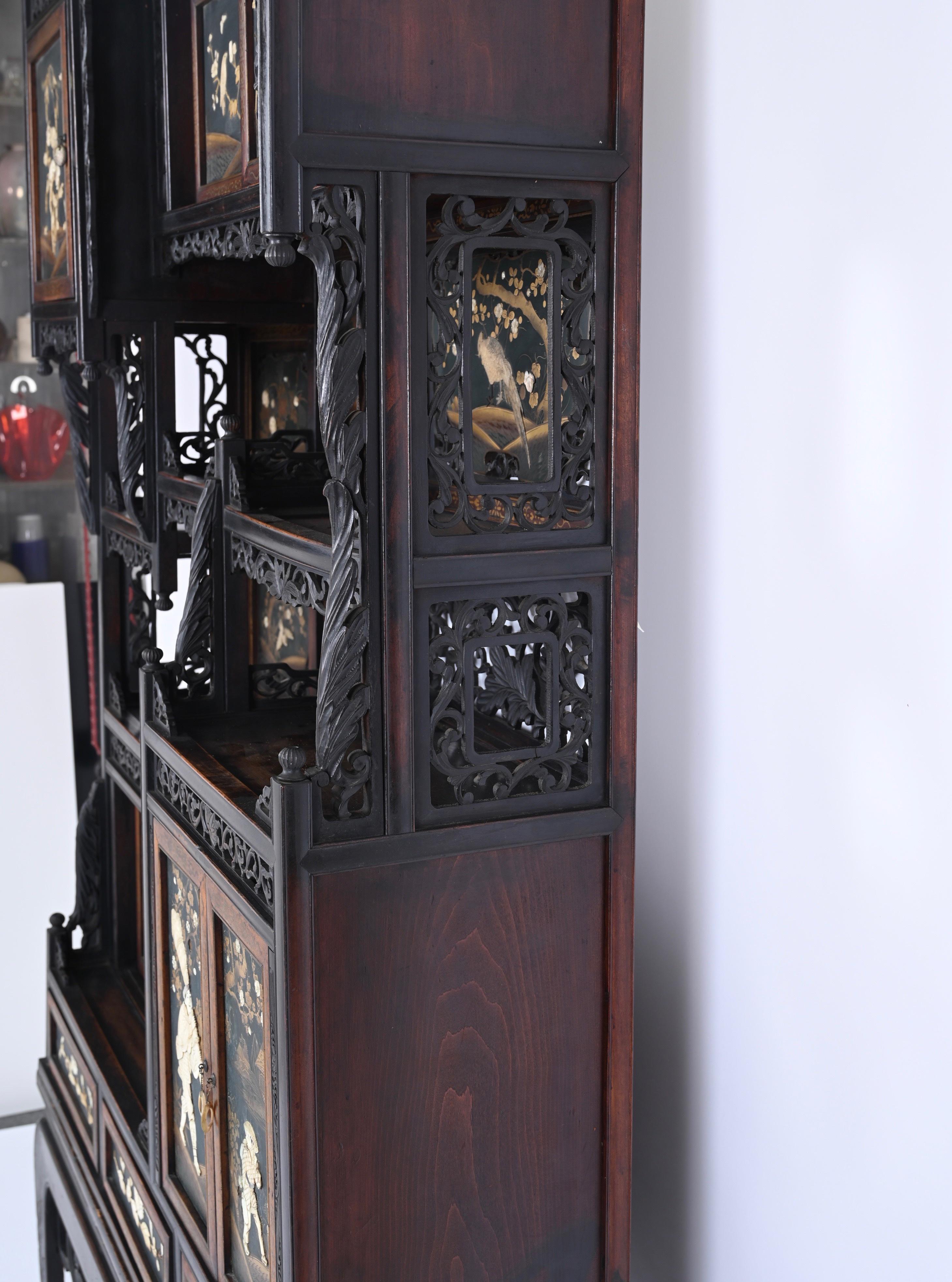 Mother-of-Pearl Japanese Shibayama Cabinet, Carved and Black Lacquered, Meiji Period, 1870s For Sale