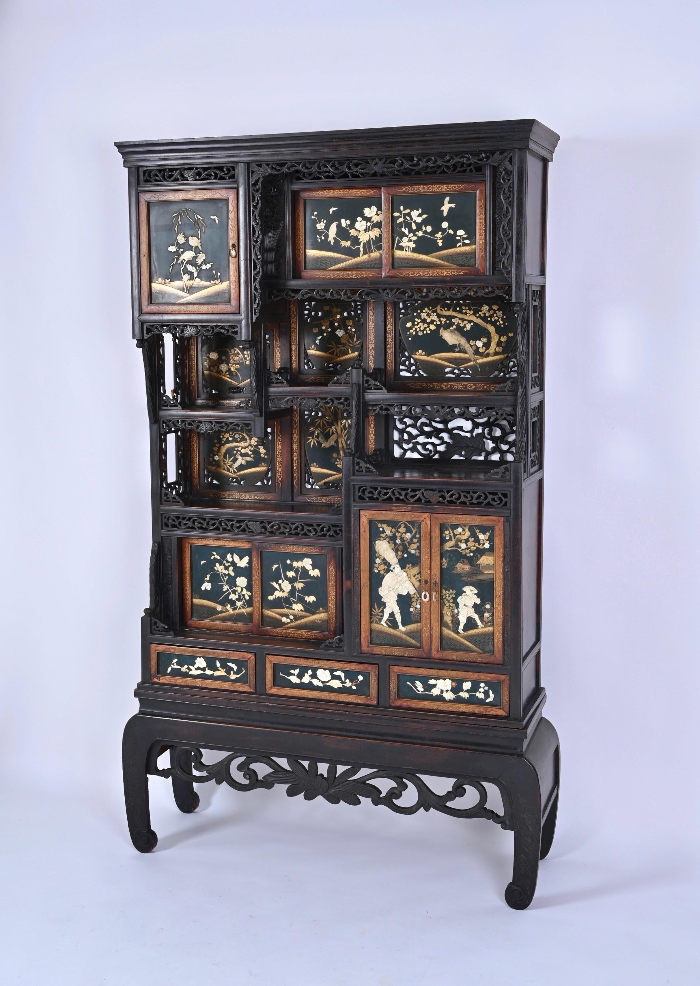 Japanese Shibayama Cabinet, Carved and Black Lacquered, Meiji Period, 1870s For Sale 2