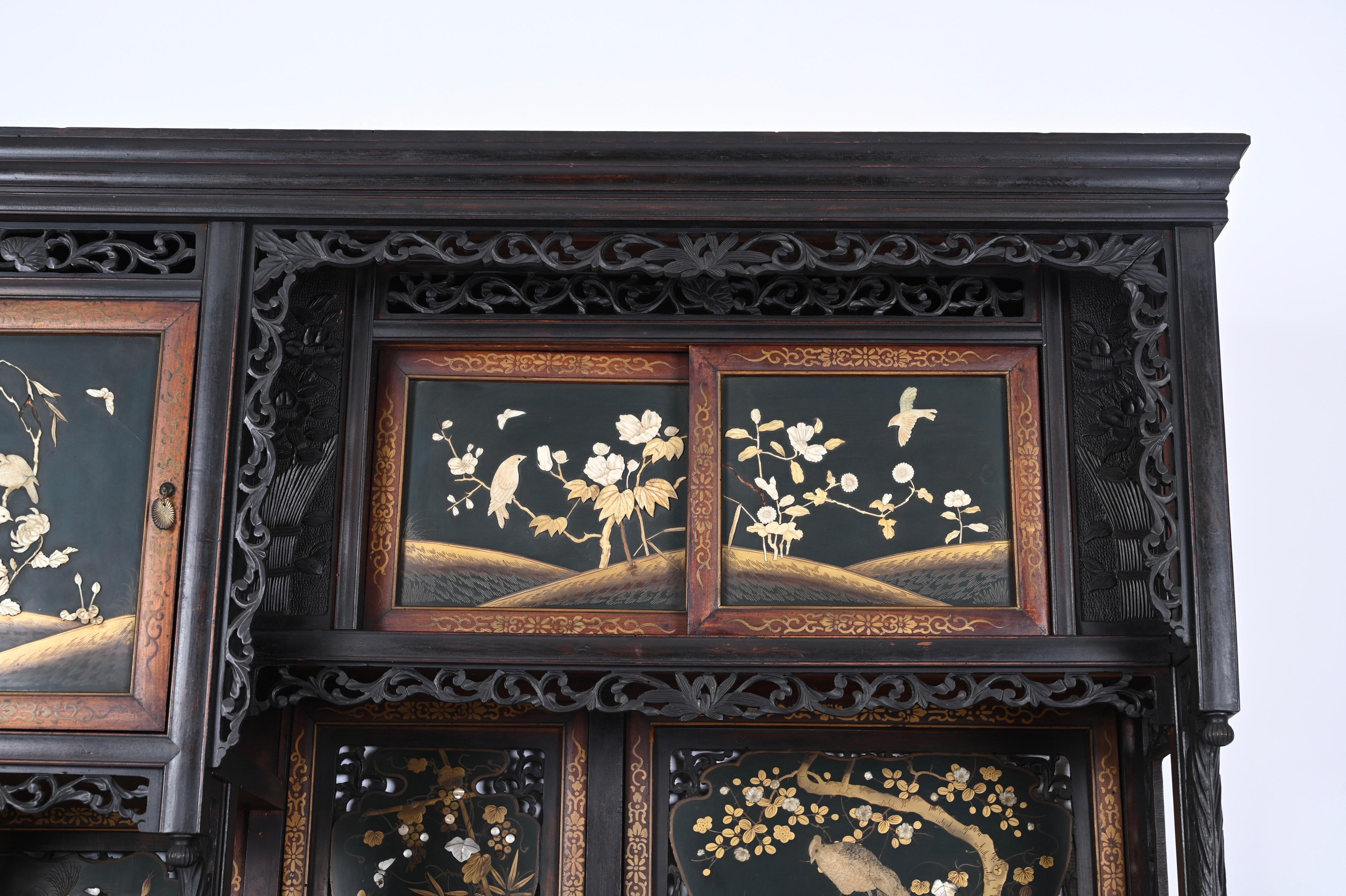 Japanese Shibayama Cabinet, Carved and Black Lacquered, Meiji Period, 1870s For Sale 3
