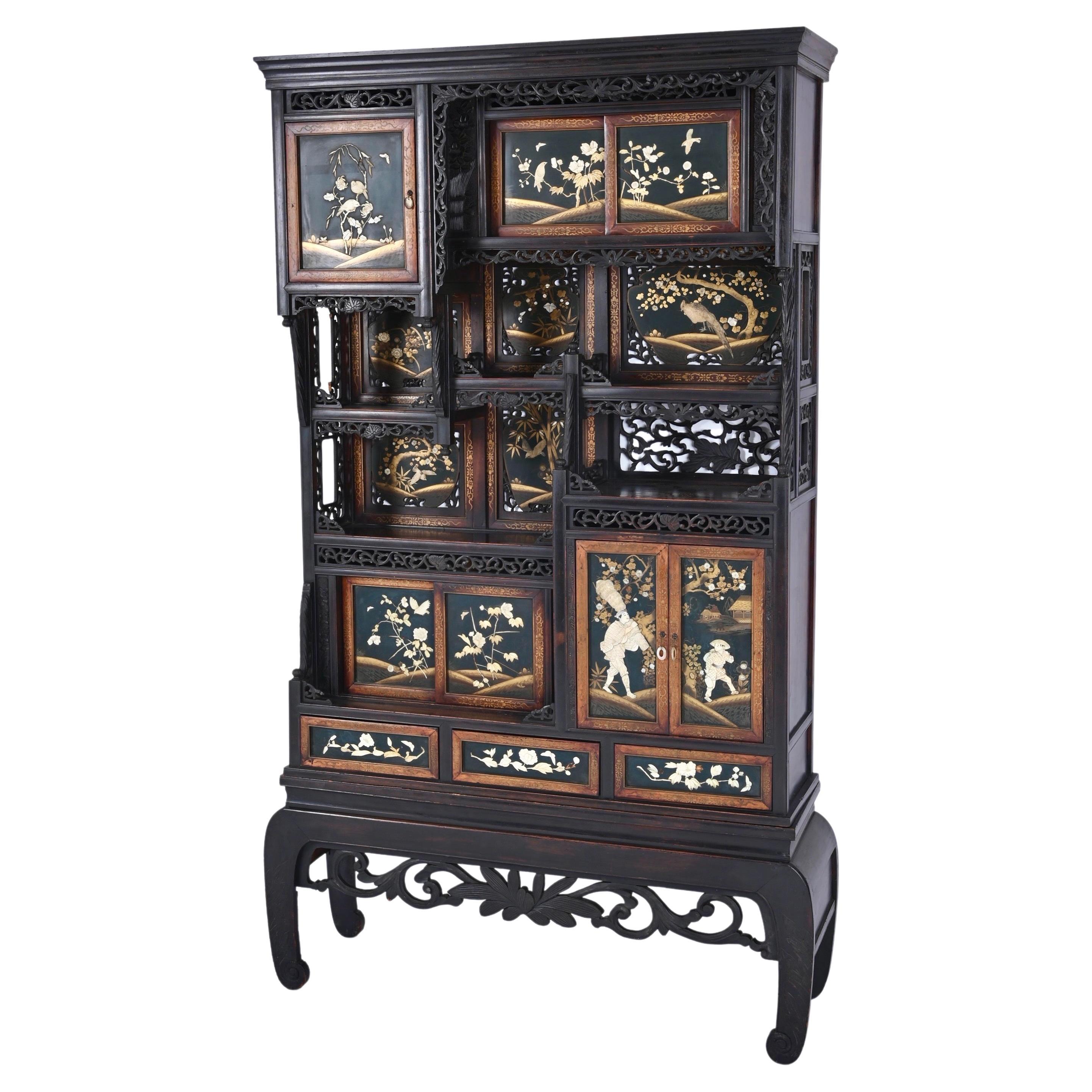 Japanese Shibayama Cabinet, Carved and Black Lacquered, Meiji Period, 1870s For Sale