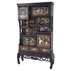 Antique Japanese Shibayama Cabinet, Carved and Black Lacquered, Meiji Period, 1870s