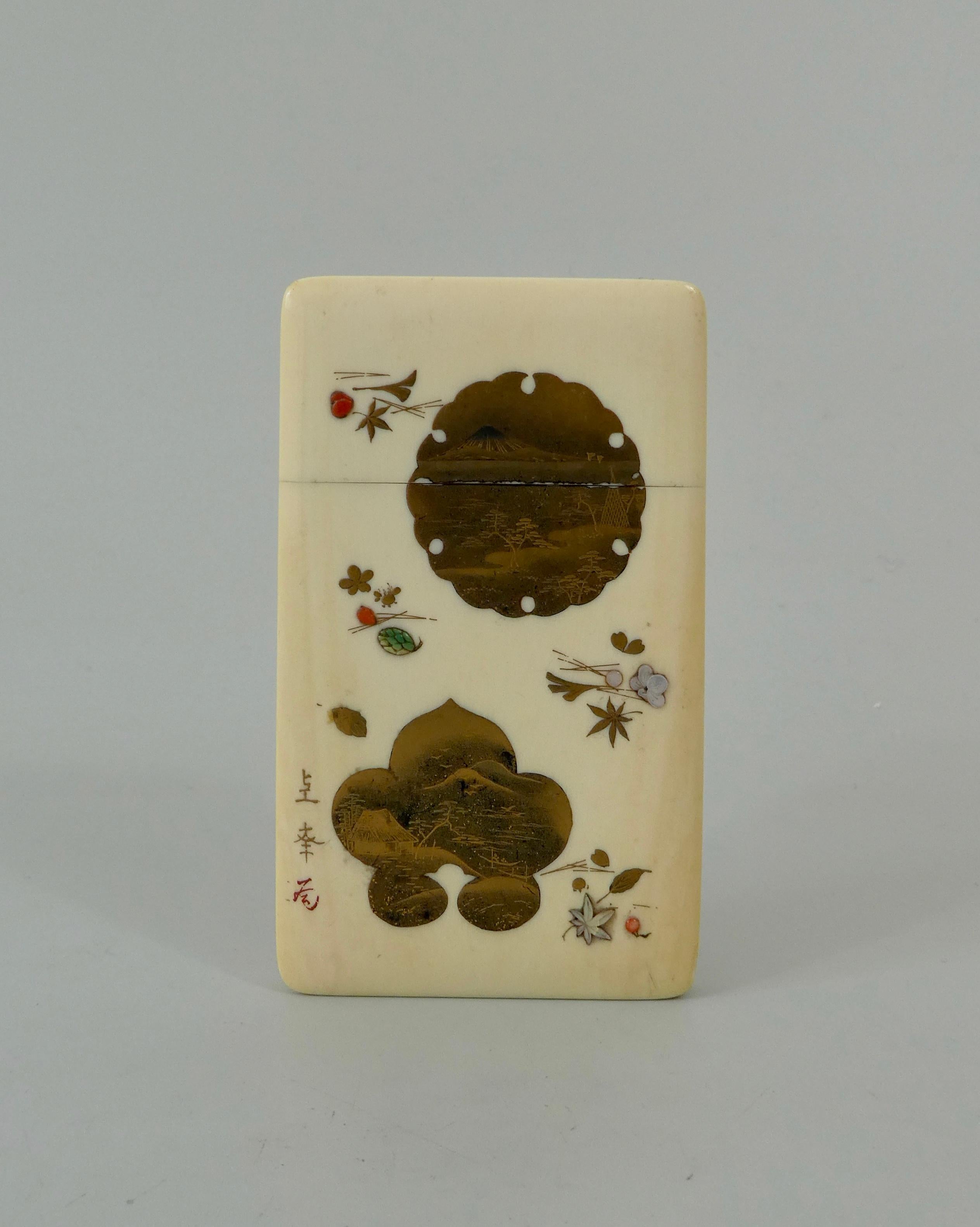 Japanese Shibayama card case, signed Joho, c. 1890. Meiji Period. In Good Condition In Gargrave, North Yorkshire