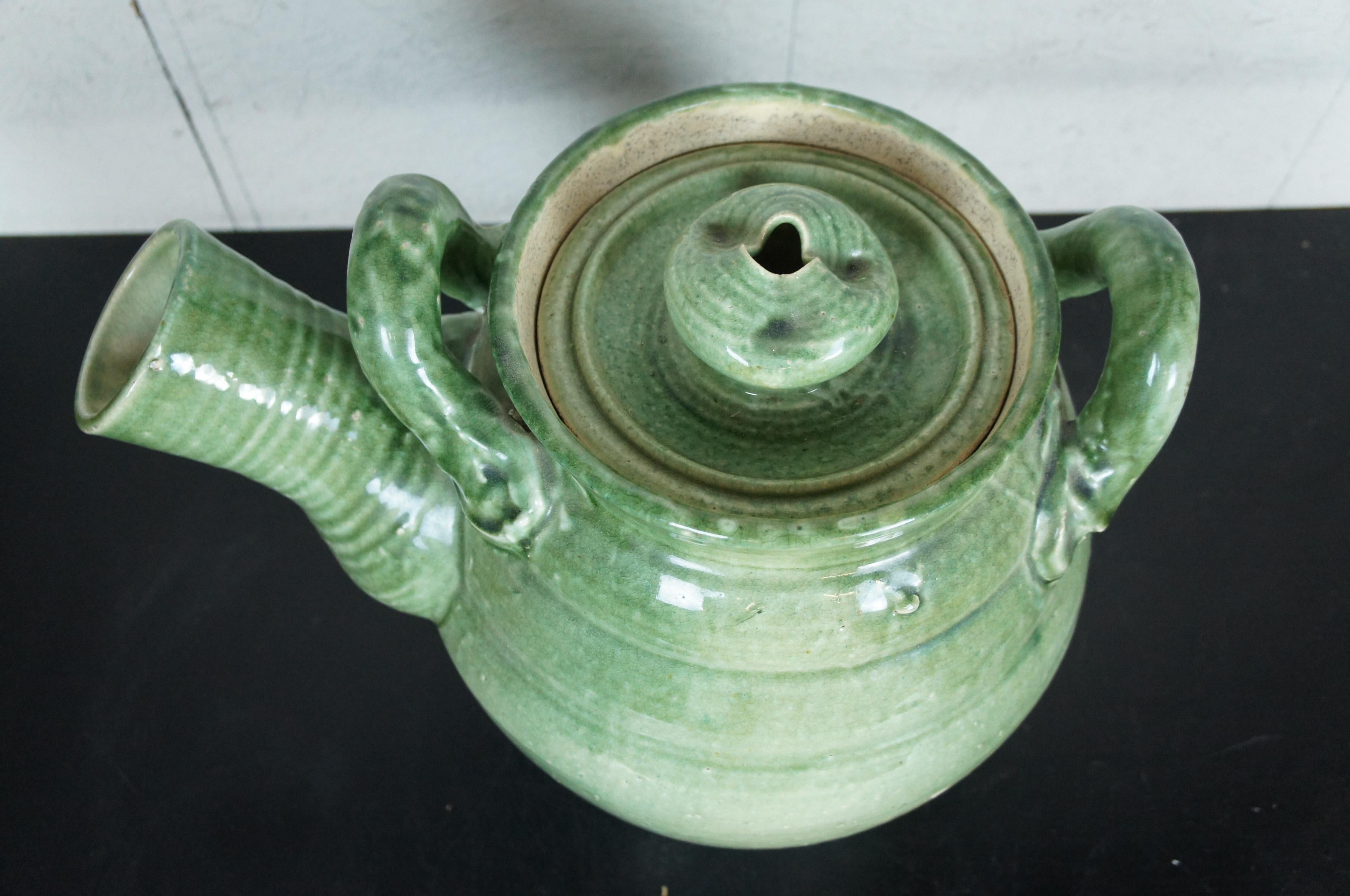 Japanische Shigaraki-Teekanne/Wasserkrug/Krug aus Steingut mit grüner Glasur und Steinguttöpferwaren, japanisch, 19