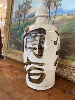 Japanese Shigaraki Stoneware Sake Bottle with Calligraphy