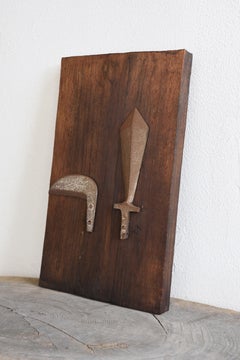 Japanese Shinto Ema Wishing Wooden Plaque with Iron Sickle and Sword