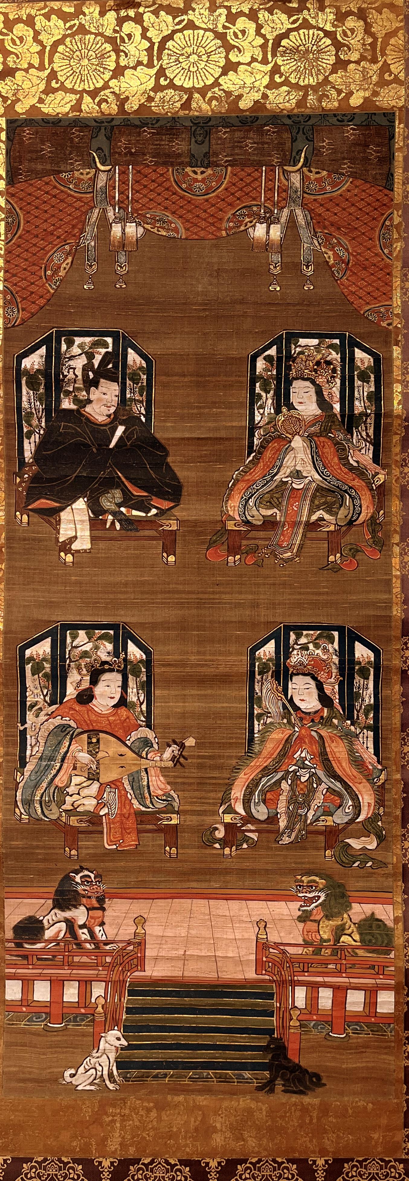 Japonais religion japonaise Shito représentant quatre divinités, peinture à volutes en vente