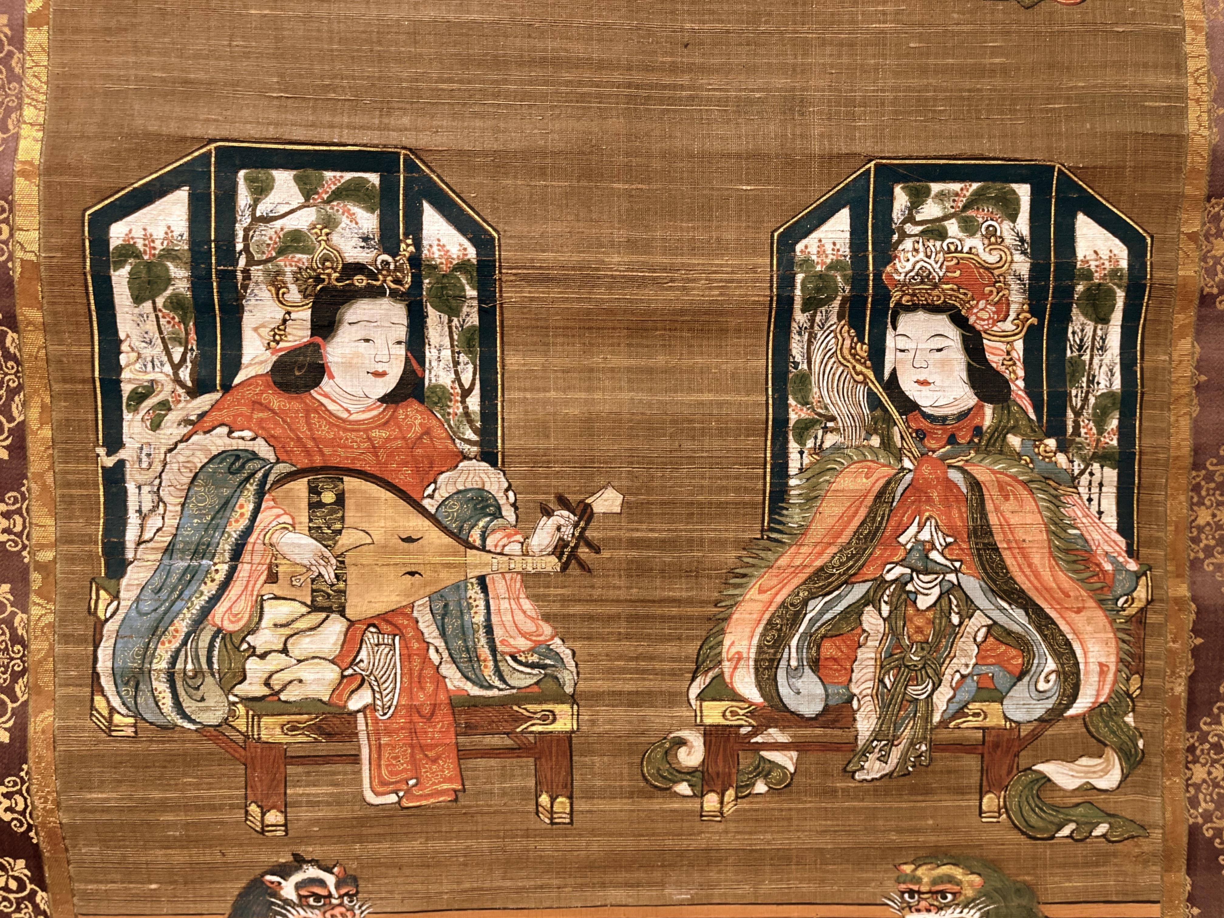 Soie religion japonaise Shito représentant quatre divinités, peinture à volutes en vente