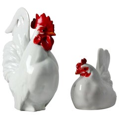 Japanese Showa Arita Porcelain Rooster and Hen Figures