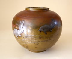 Japanese Showa Bronze Vase with Auspicious Carp Koi in Silver