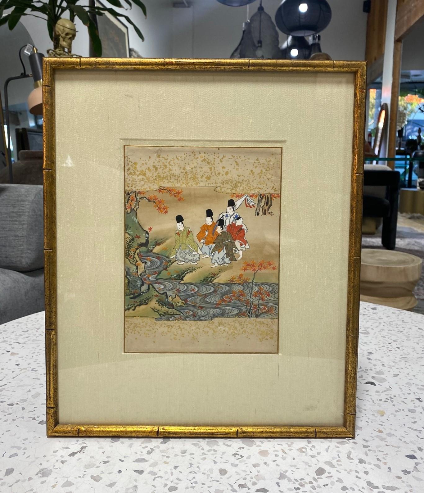 A beautiful, exquisitely painted gem, this small Japanese painting features a scene from the famous literary story Tale of the Genji.  The painting is done with intricate detail (in the costumes and flowing water) and vivid colors as well as