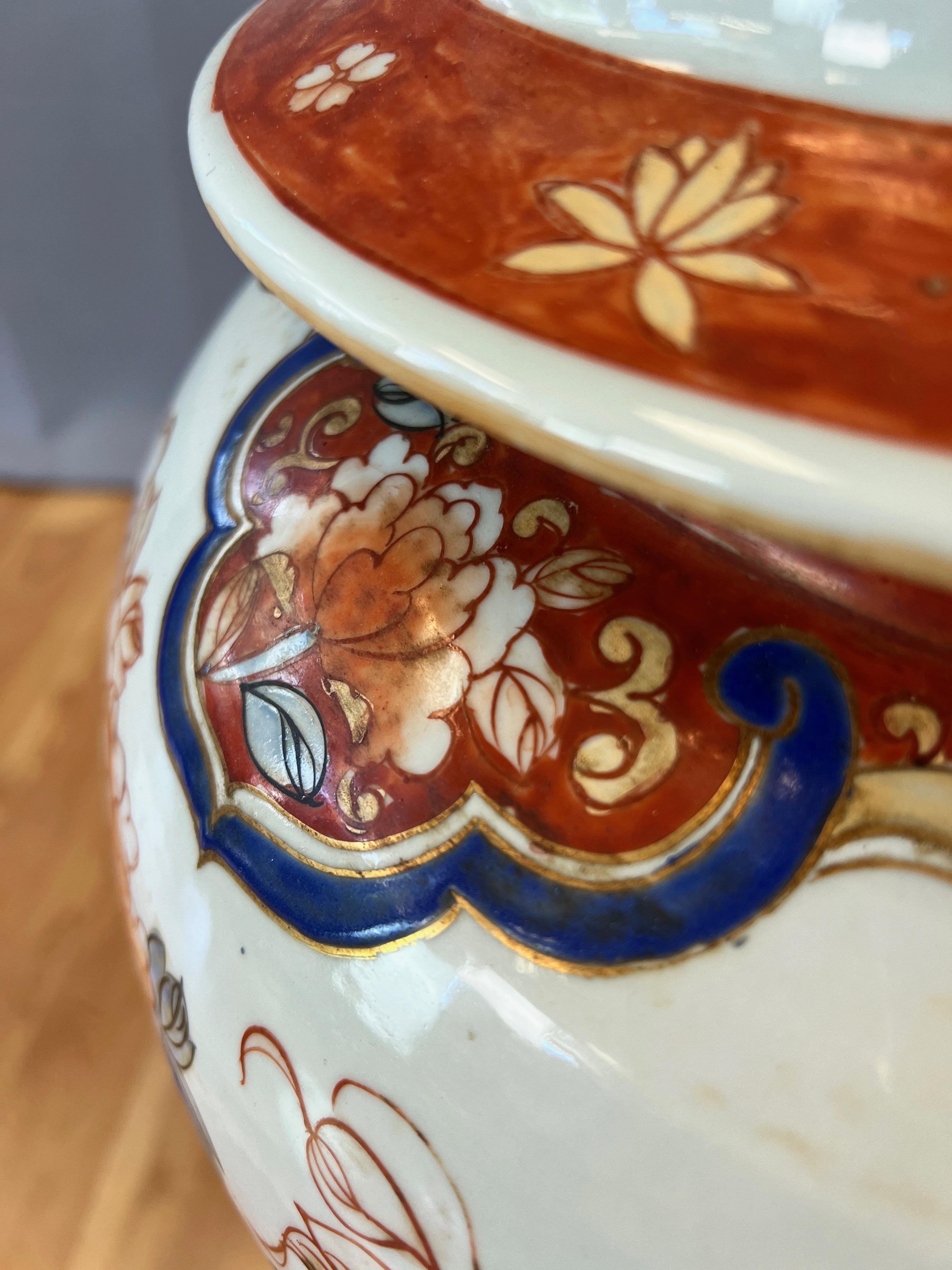 Japanese Shōwa Era Imari Extra-Large Lidded Temple Jar on Wood Stand, c. 1940 For Sale 9