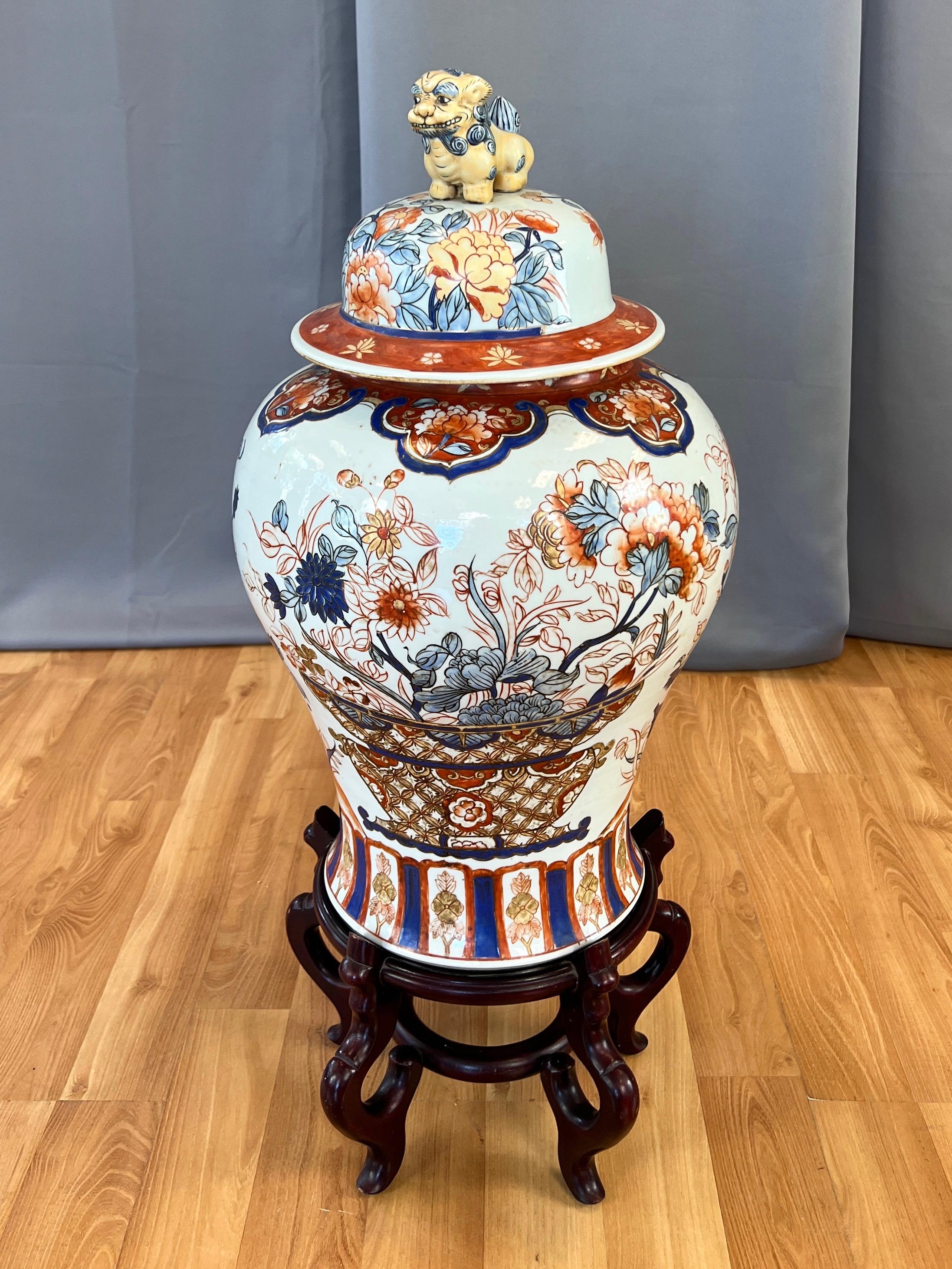 Mid-20th Century Japanese Shōwa Era Imari Extra-Large Lidded Temple Jar on Wood Stand, c. 1940 For Sale