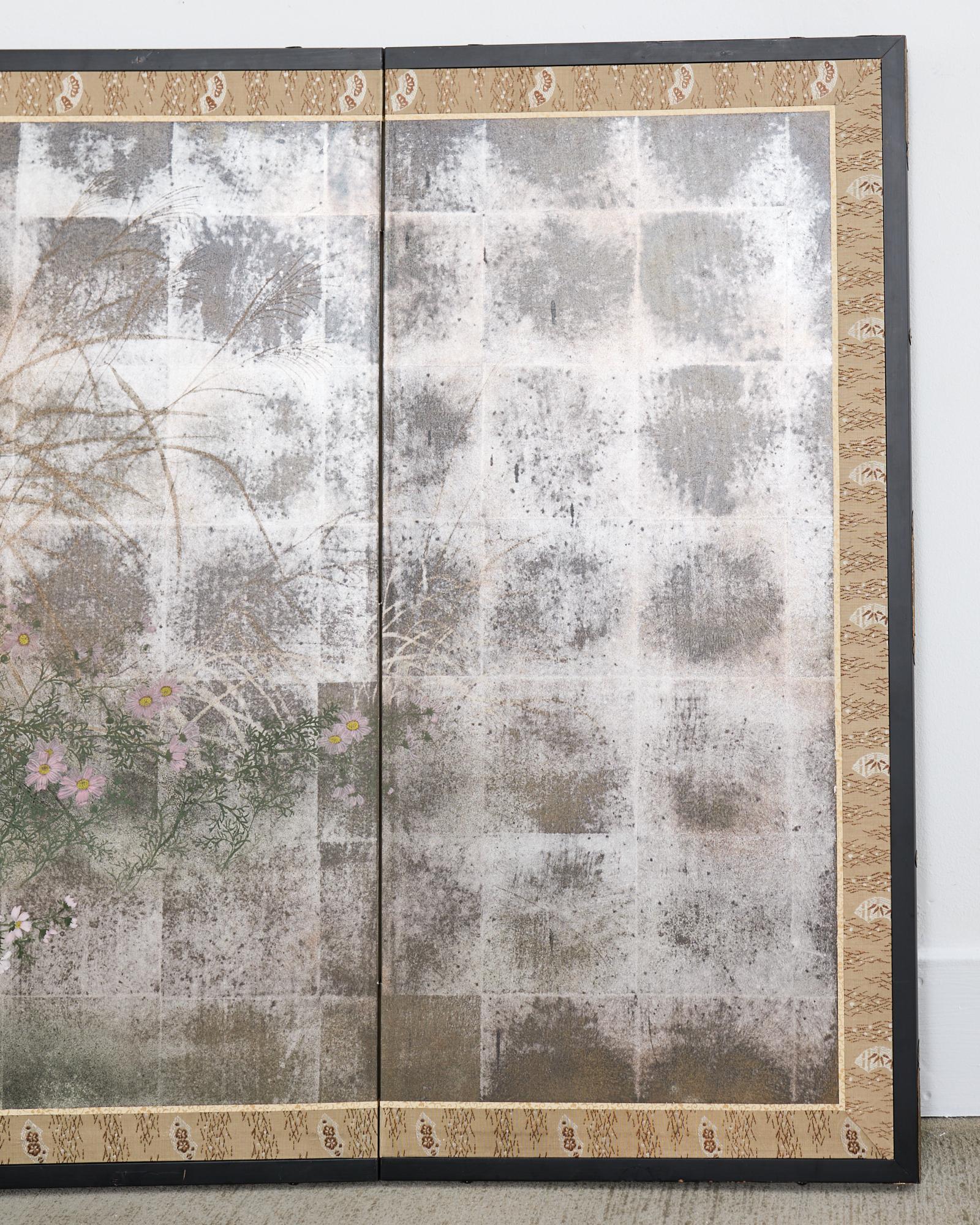 Biombo Japonés Showa de Cuatro Paneles Flores y Hierbas de Otoño Latón en venta