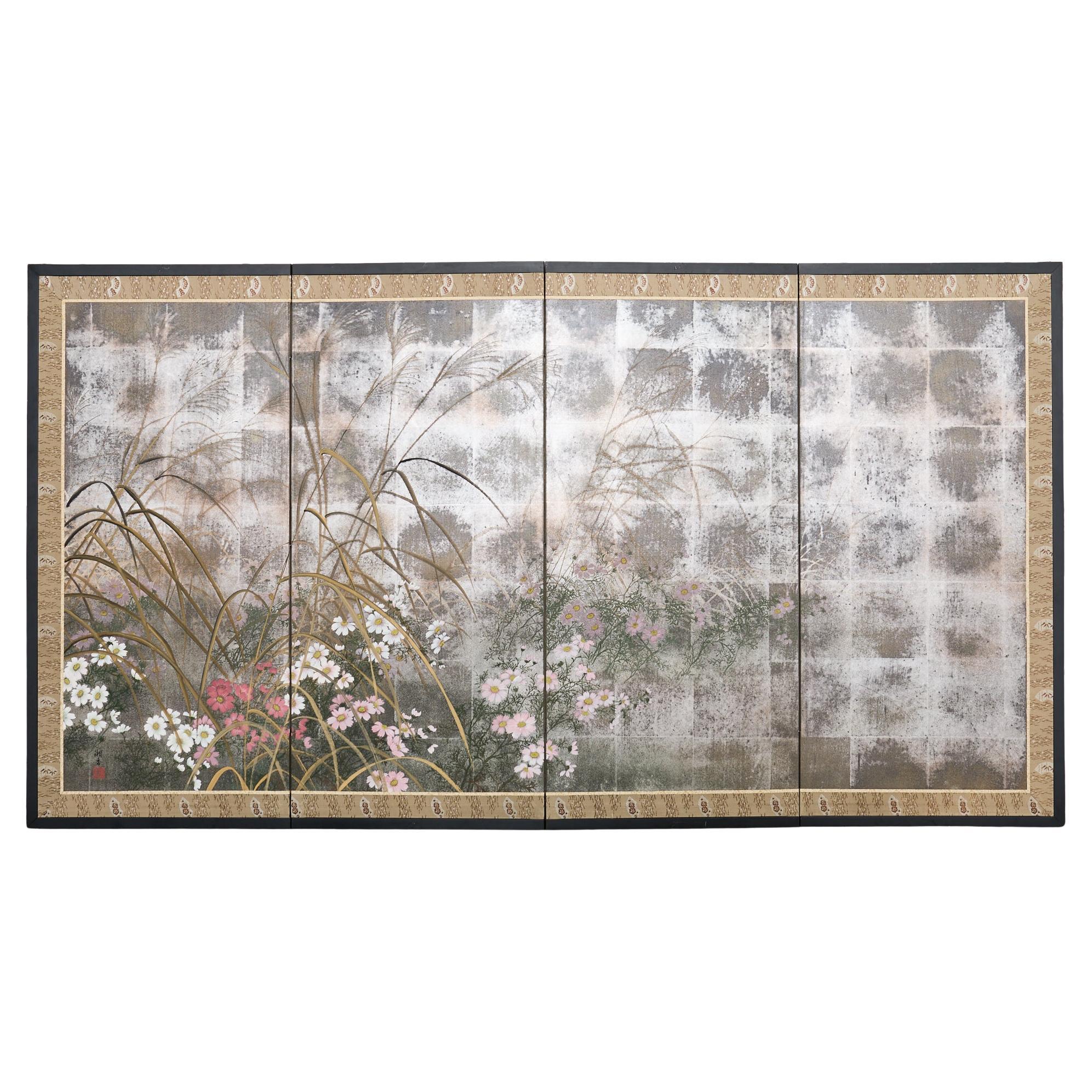 Biombo Japonés Showa de Cuatro Paneles Flores y Hierbas de Otoño en venta