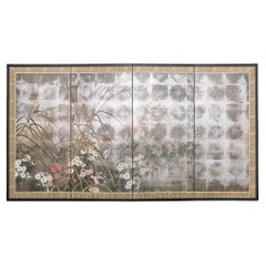Japanese Showa Four Panel Screen Autumn Flowers and Grasses