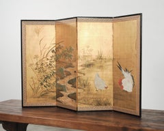 Japanese Showa Four-Panel Screen Autumn Landscape Rooster & Hen