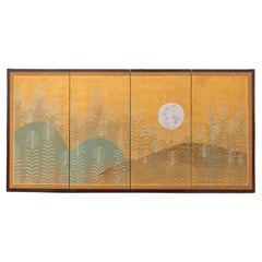 Japanese Showa Four Panel Screen Autumn Moon Landscape