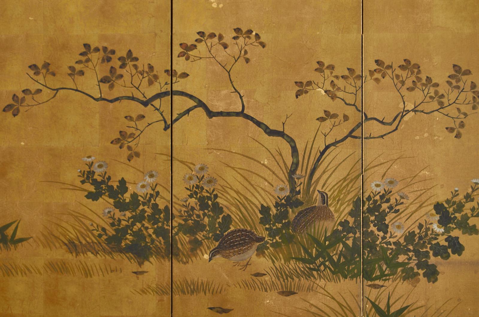 Japanese Showa Four Panel Screen Autumn Quail Landscape 4