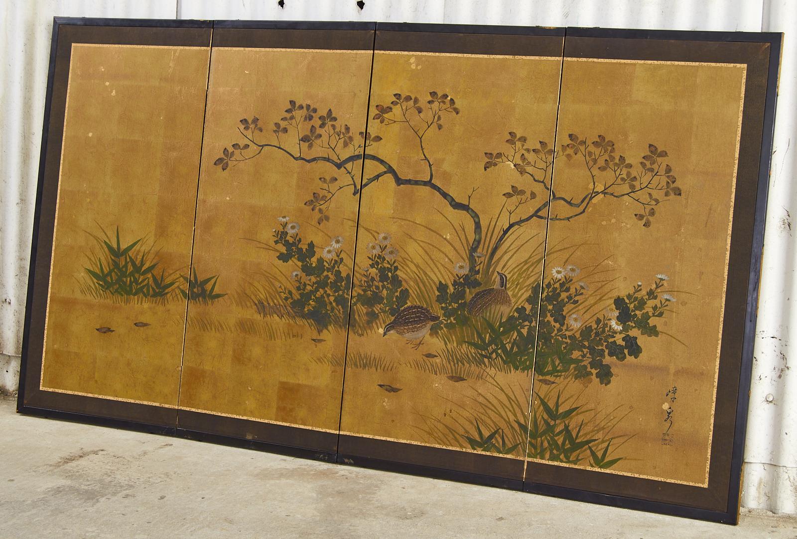 Japanese Showa Four Panel Screen Autumn Quail Landscape 13